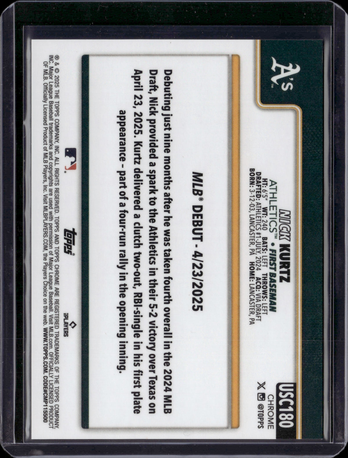 2025 Topps Chrome Nick Kurtz #USC180 Gold Wave Refractor/50 RC