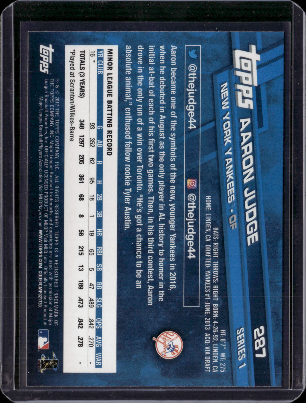 2017 Topps Series 1 Aaron Judge #287 RC All Star Stamp