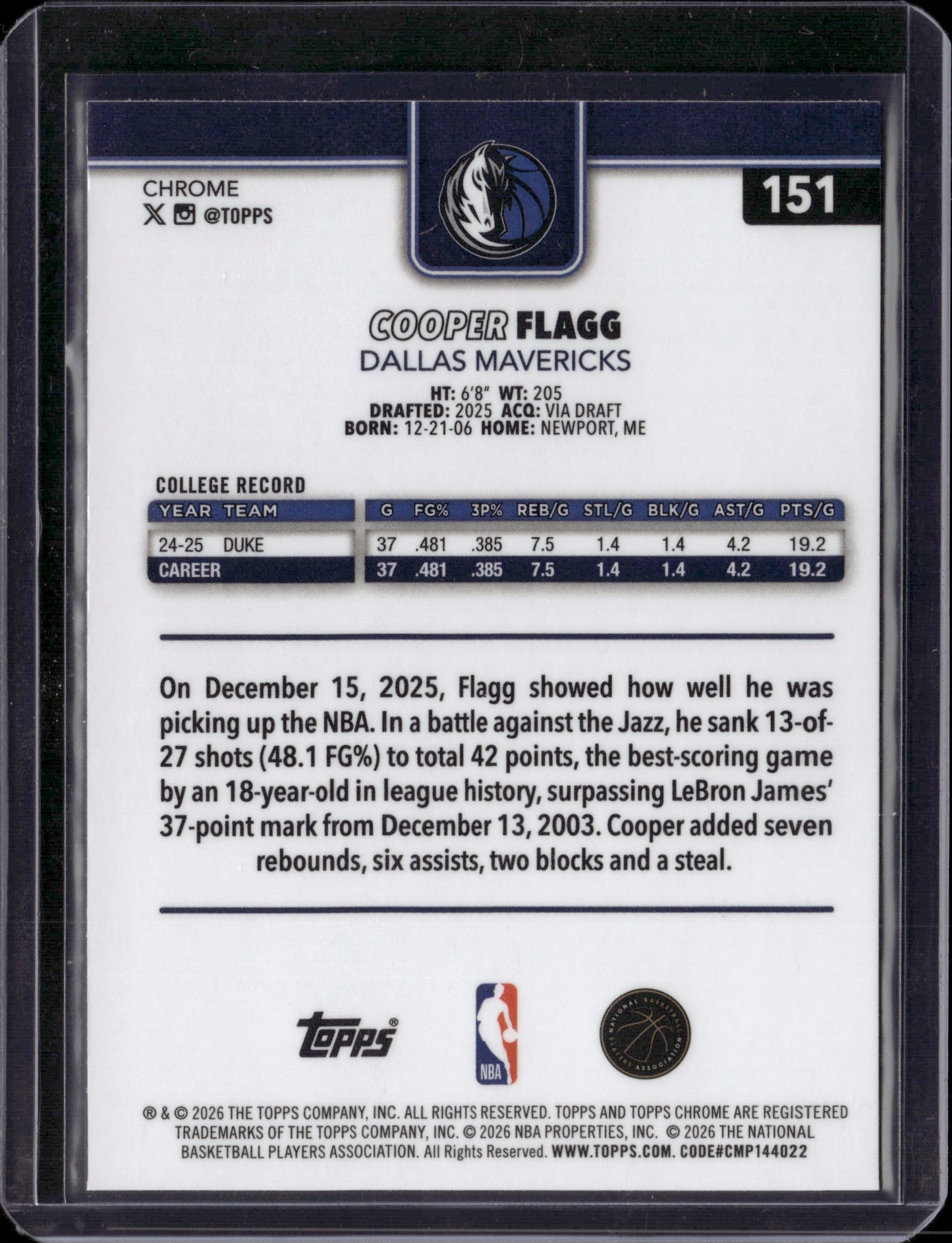 2026 Topps Chrome Update Cooper Flagg Red White Blue #151 RC