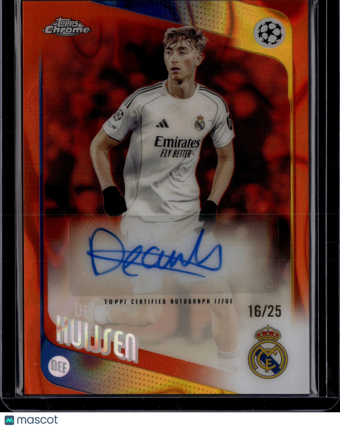 2026 Topps Chrome UEFA Club Competitions Dean Huijsen #CA-DH Orange Auto /25