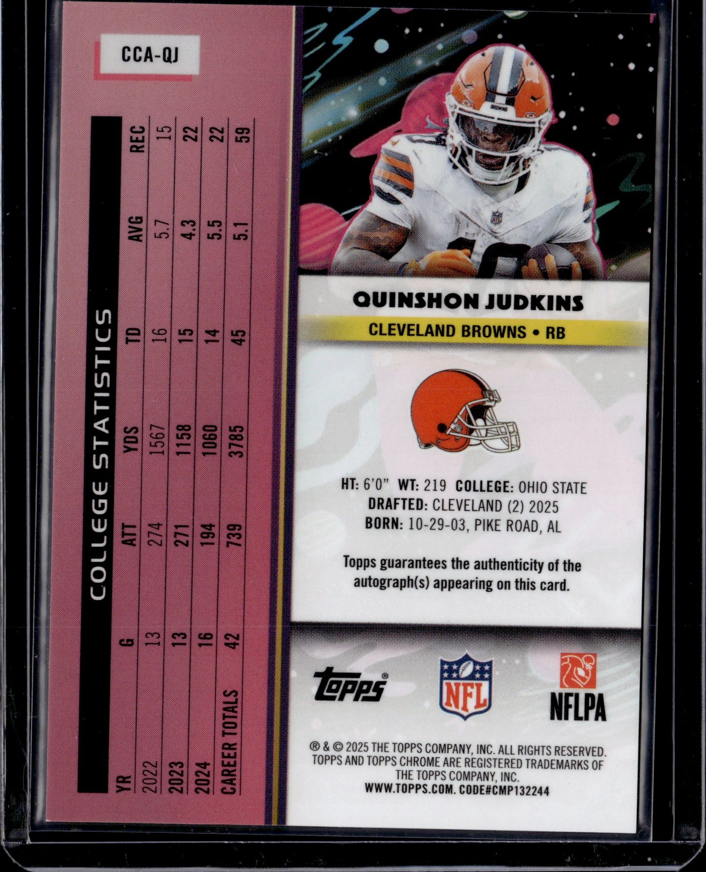 2025 Topps Chrome Quinshon Judkins #CCA-QJ Orange Auto /25 RC