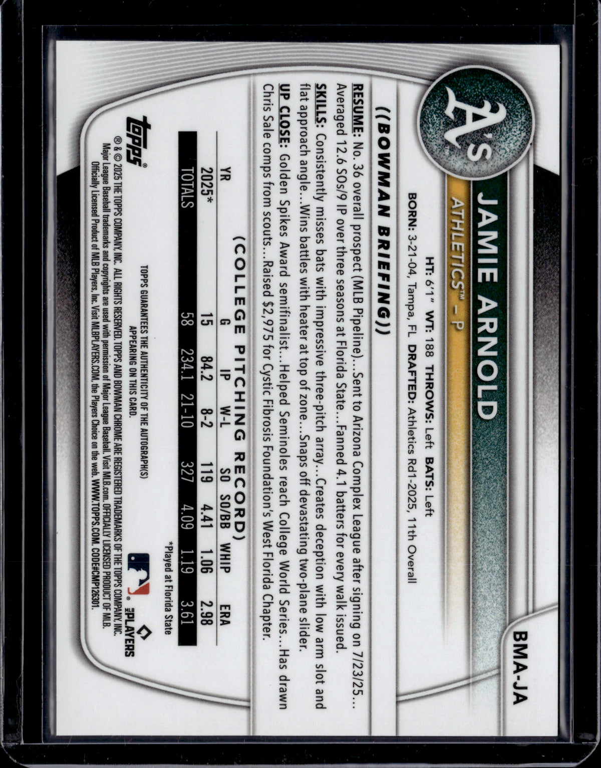 2025 Bowman Chrome Jamie Arnold #BMA-JA Orange Mojo Auto /25