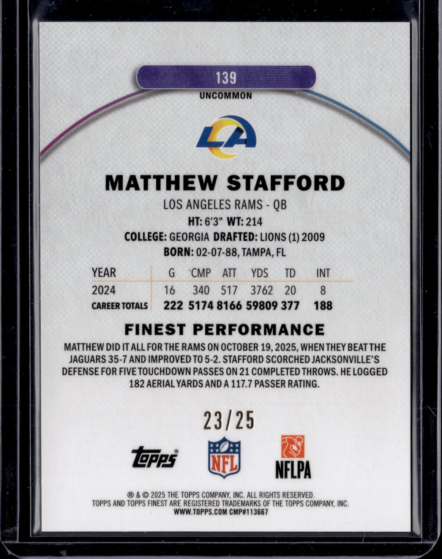 2025 Topps Finest Matthew Stafford #139 Gold Refractor /25