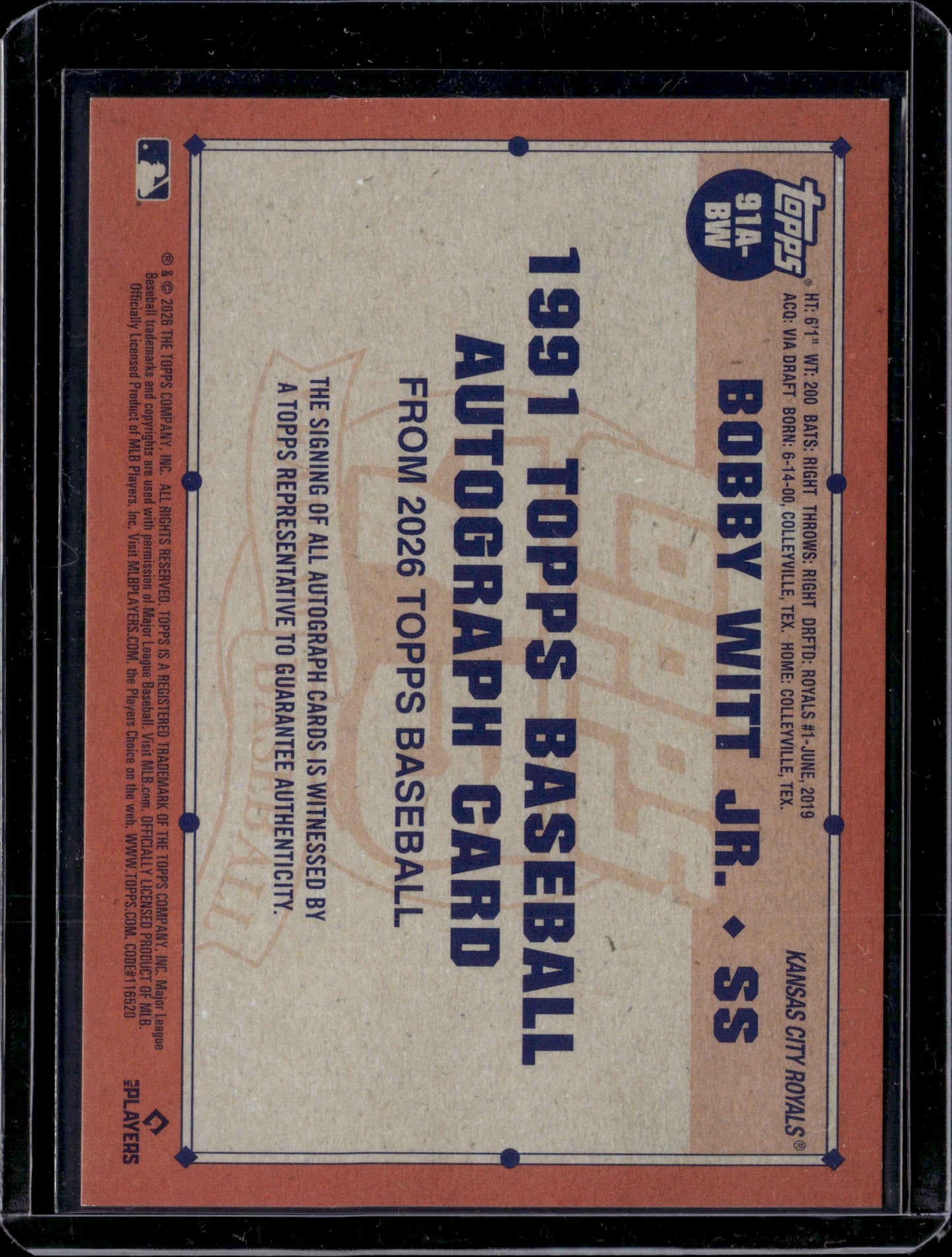 2026 Topps Baseball Bobby Witt Jr. Auto #91A-BW