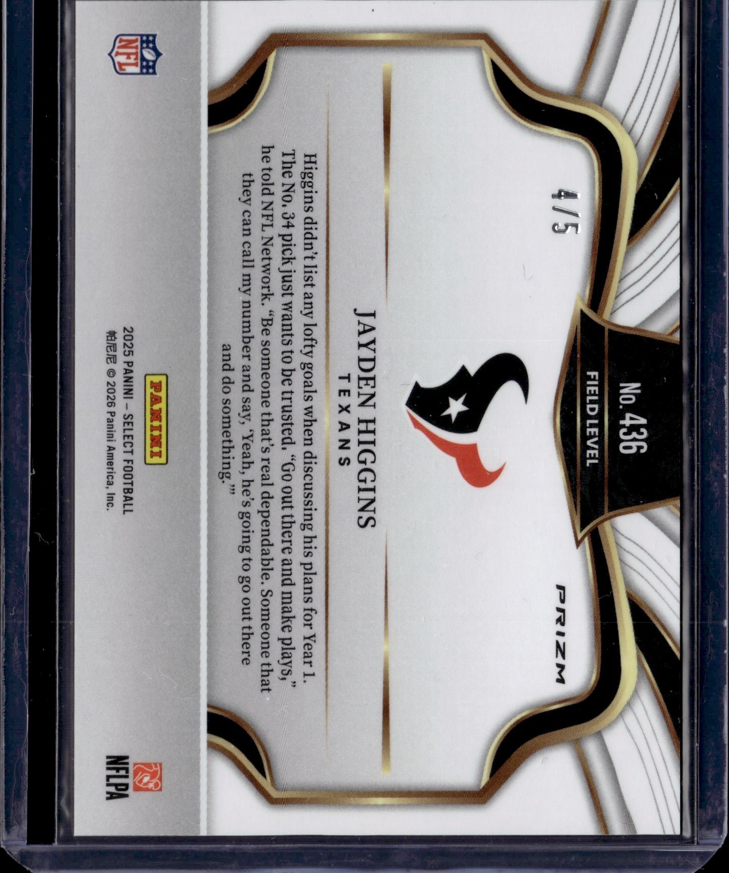 2026 Panini Select Jayden Higgins #436 Green RC /5