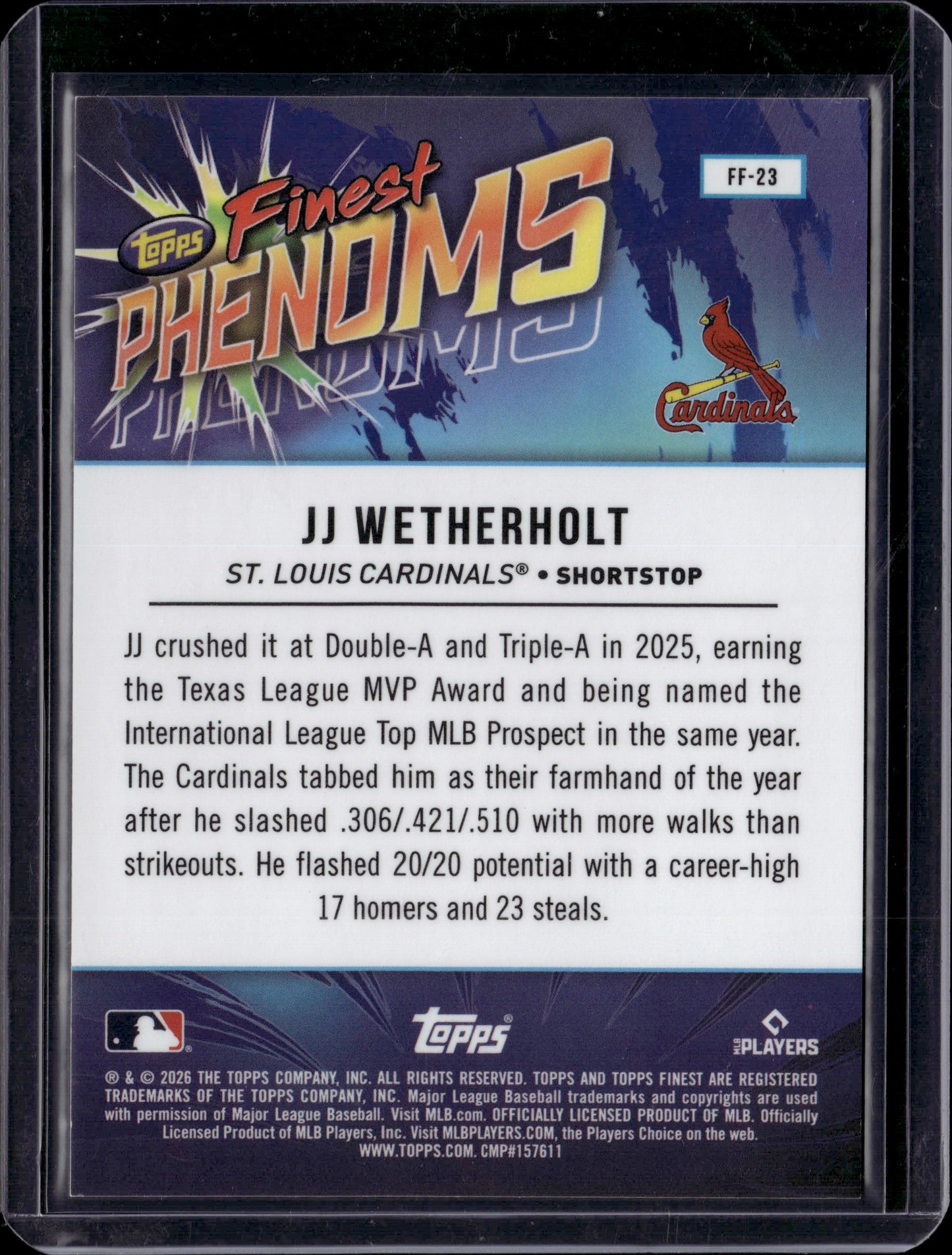 2026 Topps Finest Finest Phenoms JJ Wetherholt #FF-23 Orange Refractor RC 25/25