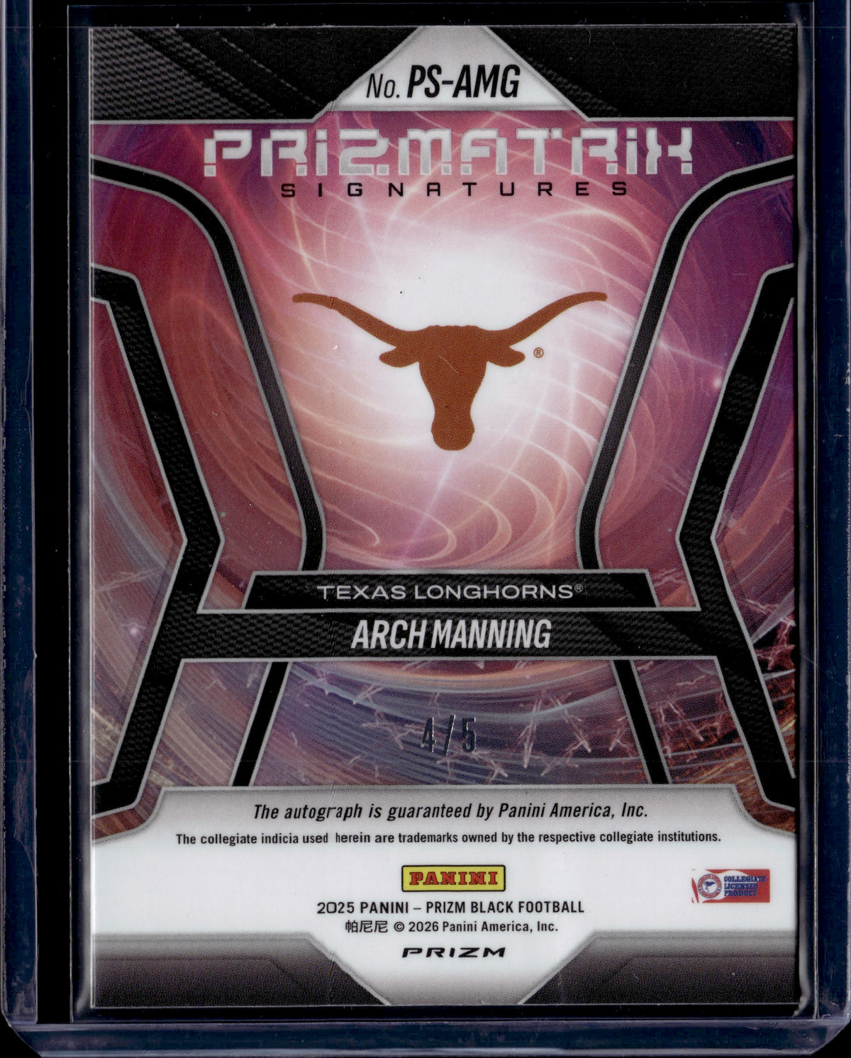 2026 Panini Prizm Black Prizmatrix Signatures Arch Manning Vinyl Auto /5