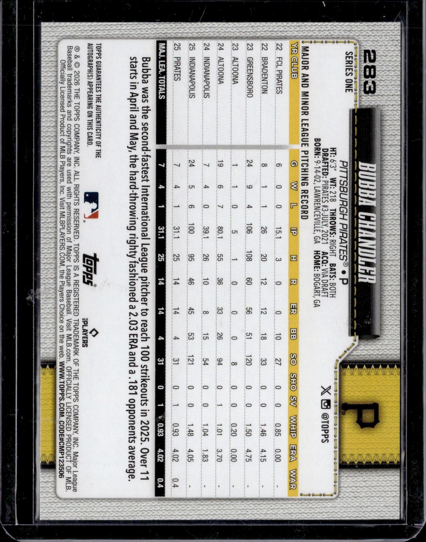 2026 Topps Series One Bubba Chandler Auto #283 RC