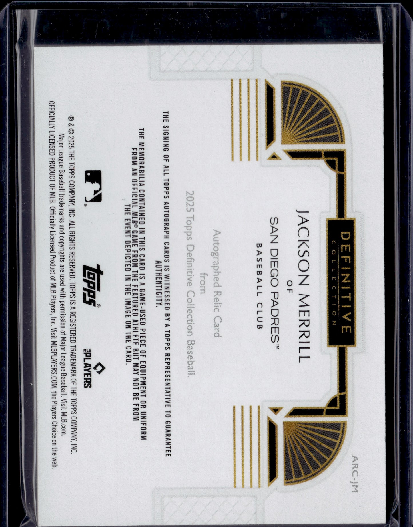 2025 Topps Definitive Collection Jackson Merrill #ARC-JM Patch 10/25 Auto Relic