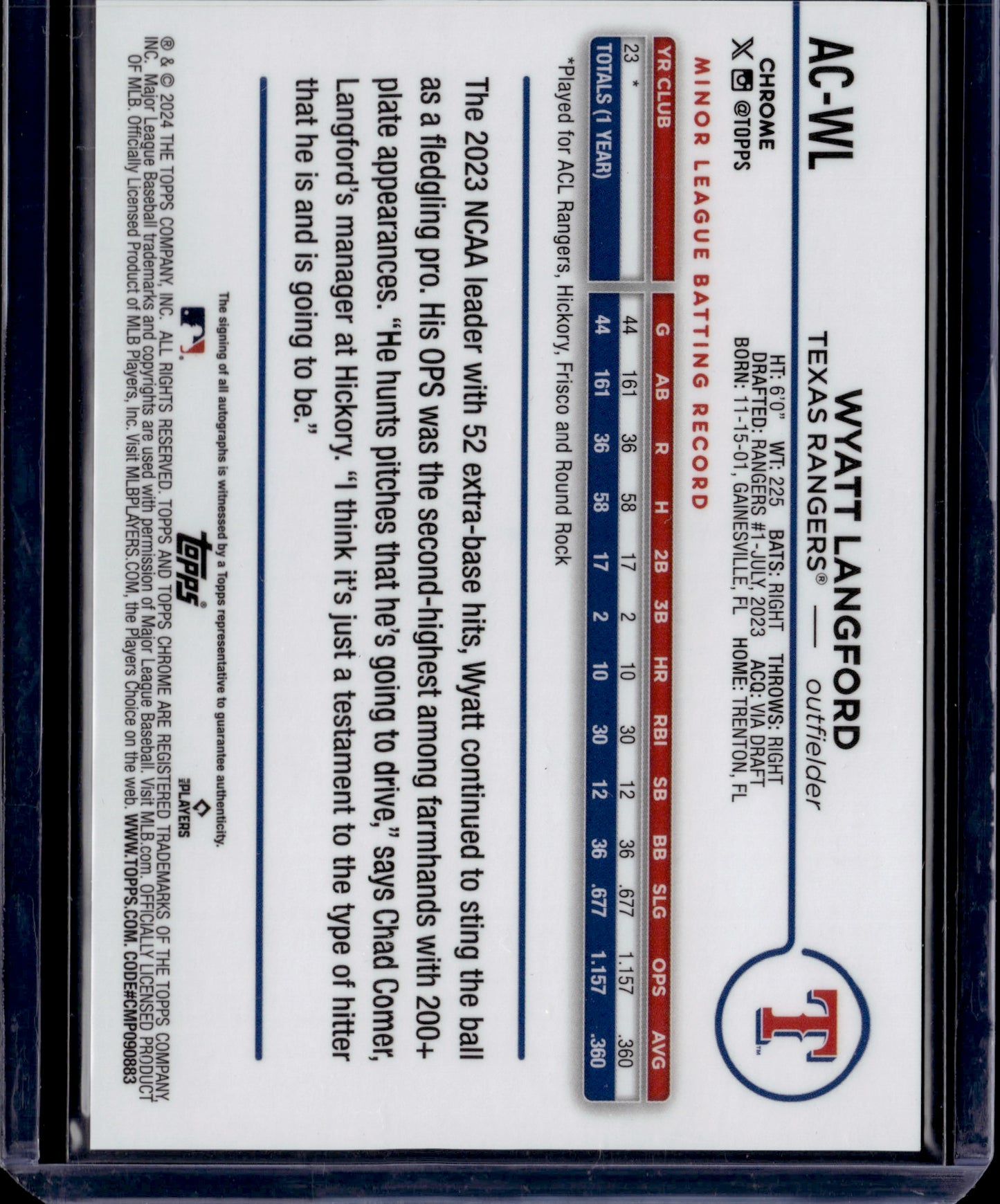 2024 Topps Chrome Wyatt Langford #AC-WL Gold Auto /50 RC