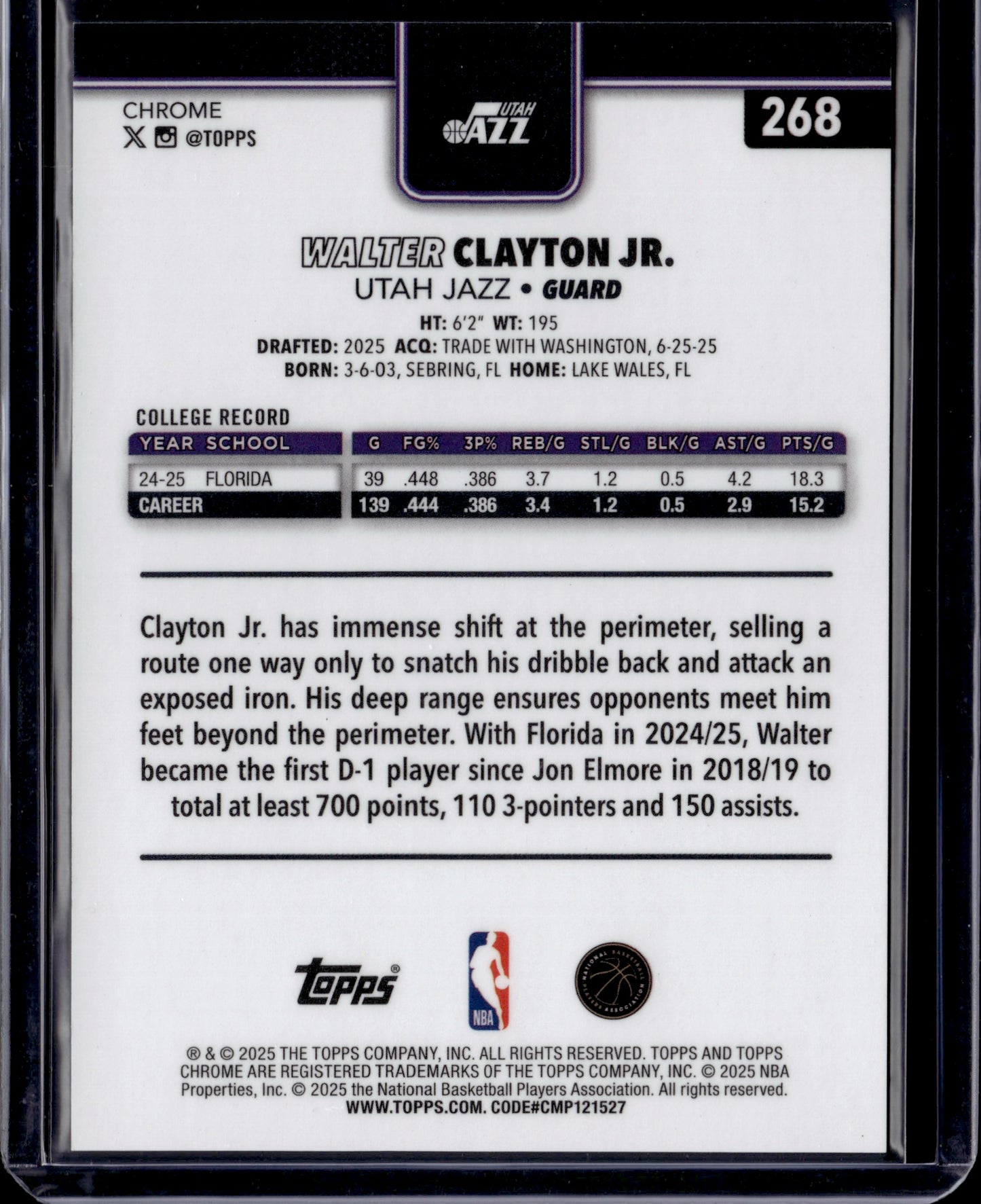 2025 Topps Chrome Walter Clayton Jr. #268 Green Speckle RC Variation /99
