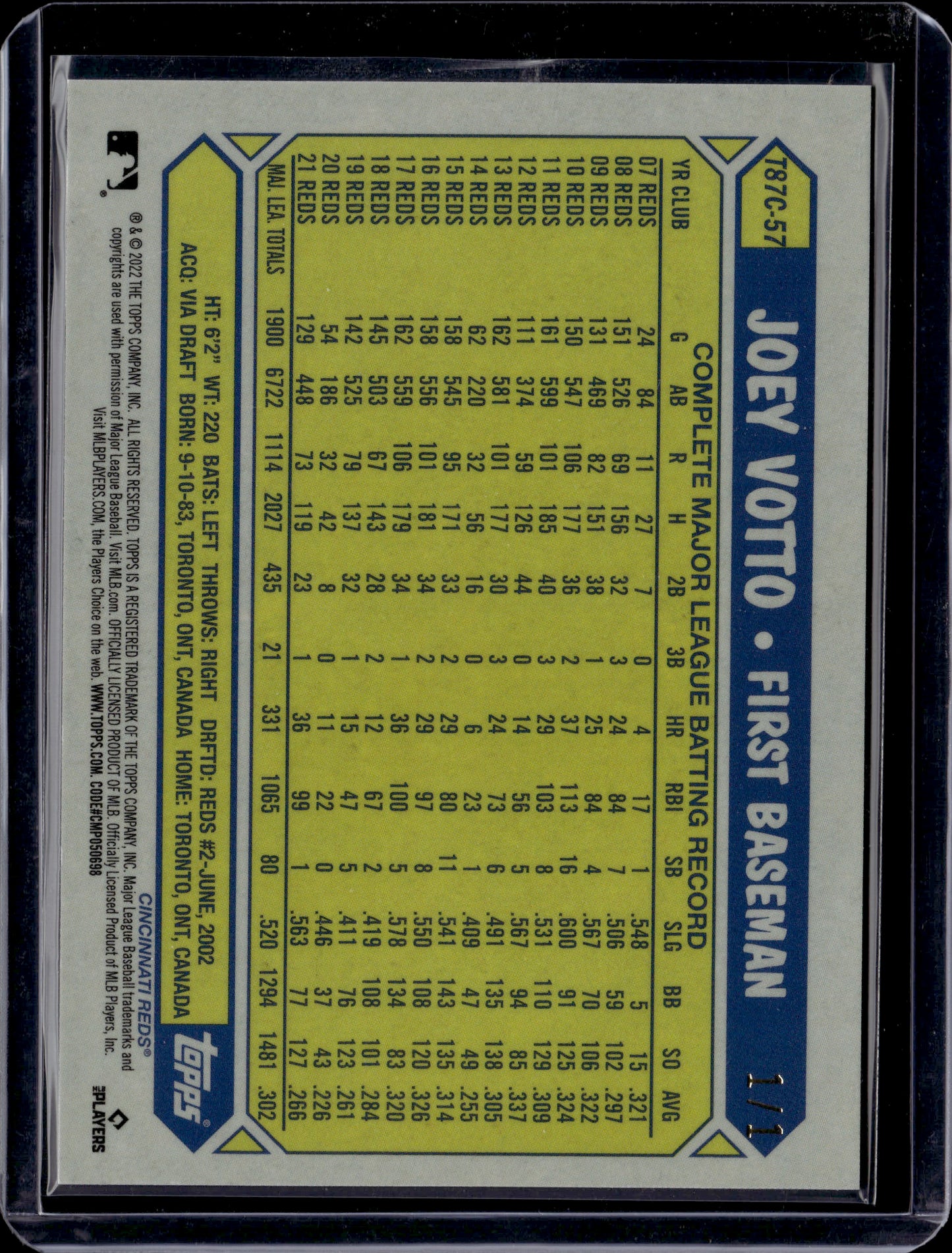 2022 Topps Chrome 1987 Topps Baseball Joey Votto #T87C-57 Superfractor 1/1