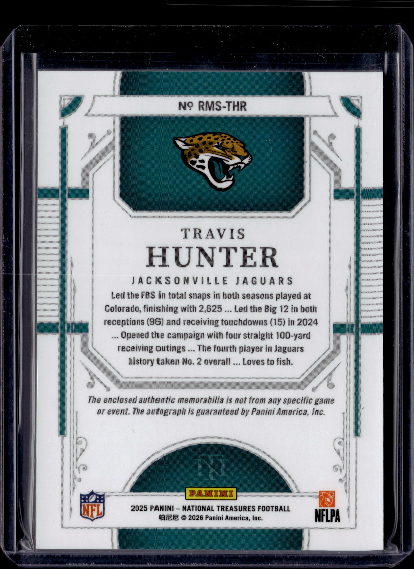 2026 Panini National Treasures Football Travis Hunter #RMS-THR Patch Auto /25