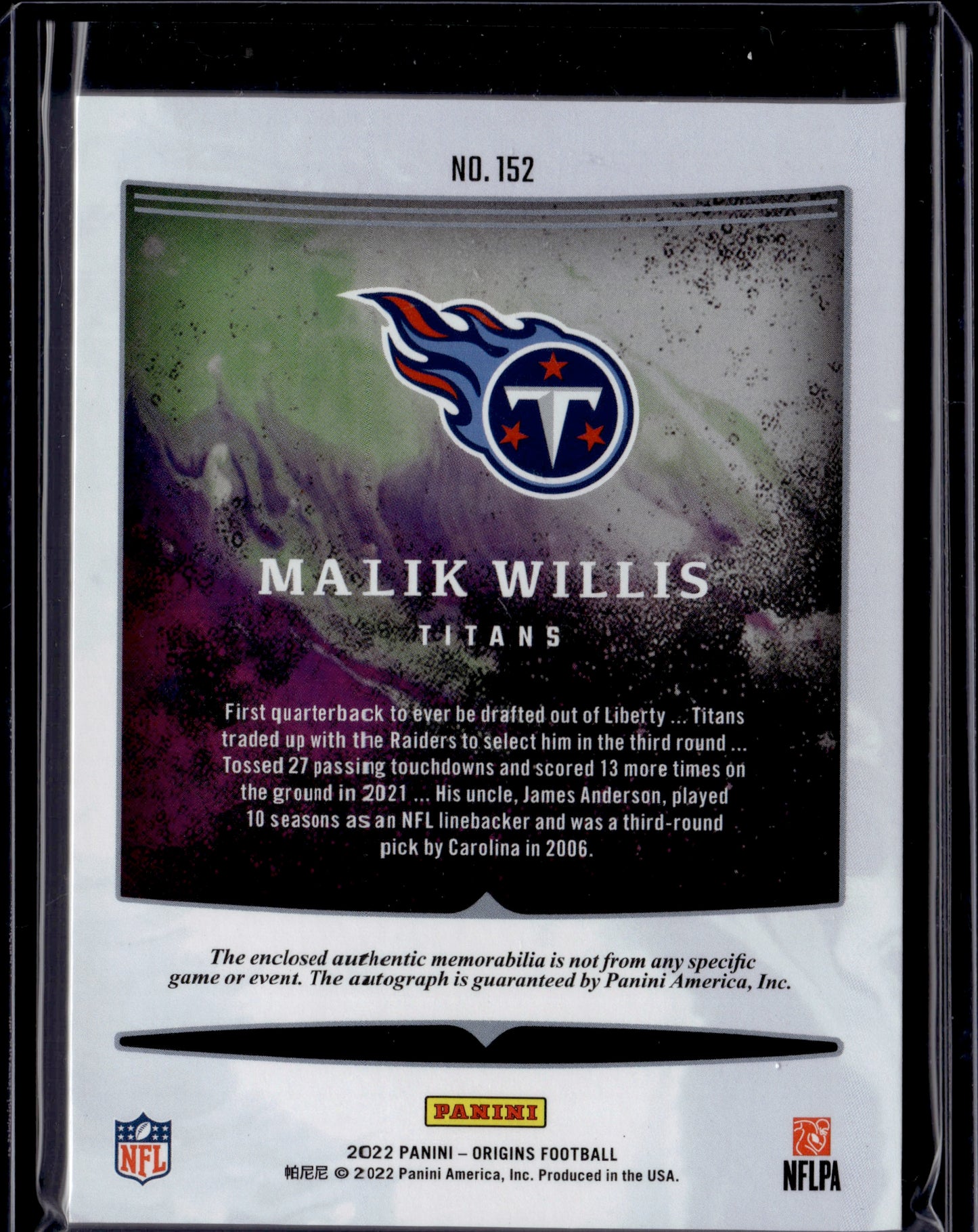 2022 Panini Origins Football Malik Willis Auto #152 /75 Patch RC