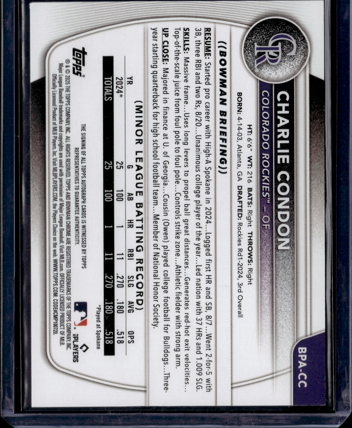 2025 Bowman Charlie Condon #BPA-CC Purple Auto /250