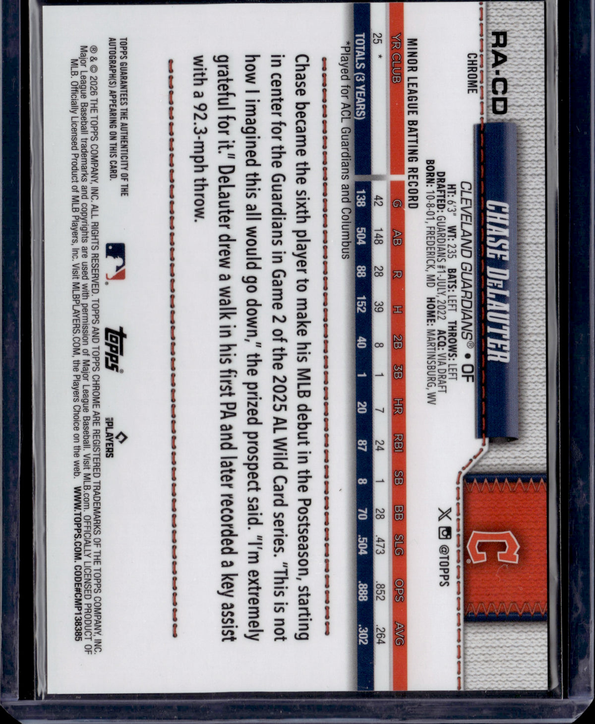 2026 Topps Chrome Chase DeLauter #RA-CD Green Auto /99 RC