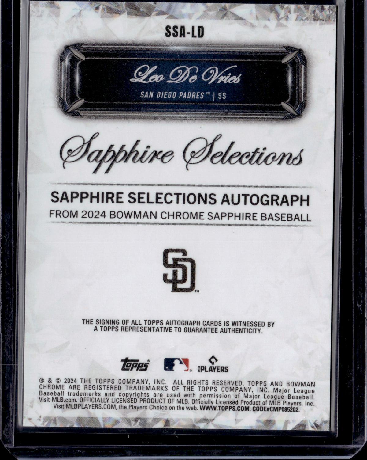 2024 Bowman Chrome Sapphire Baseball Leo De Vries #SSA-LD Selections Autograph