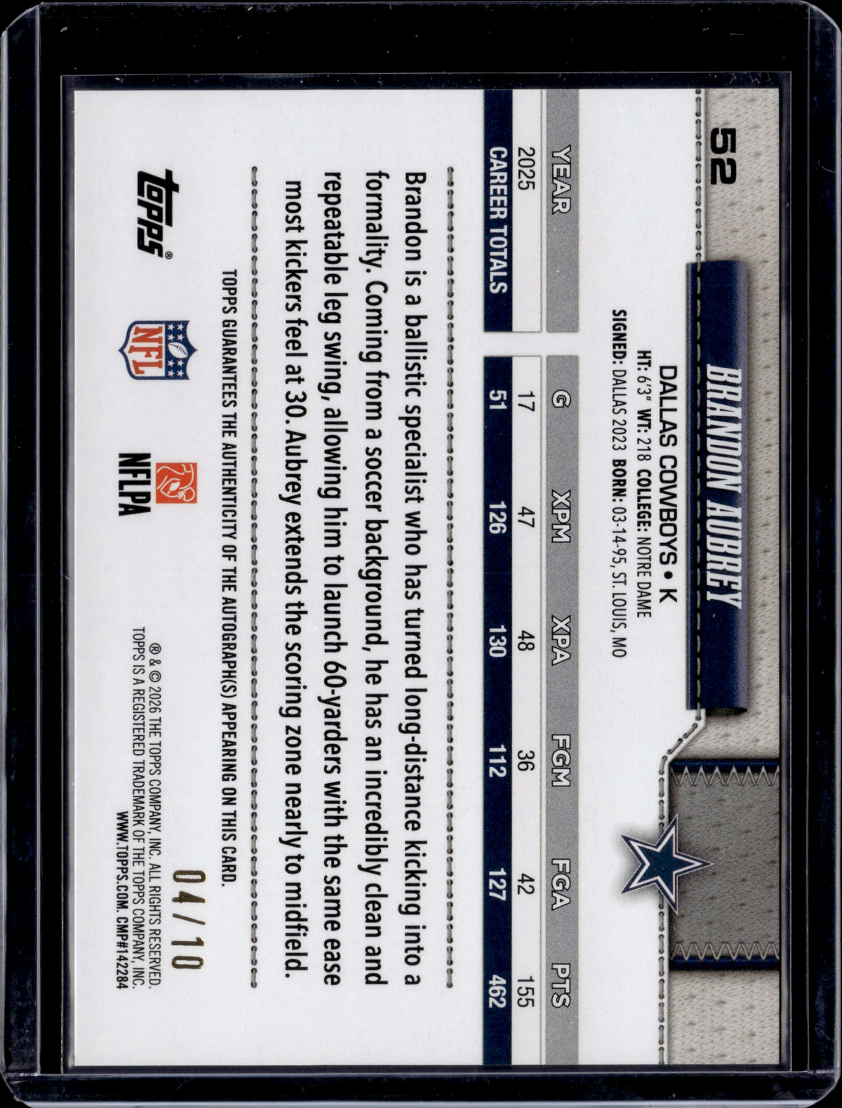 2026 Topps Football Brandon Aubrey Auto /10 #52
