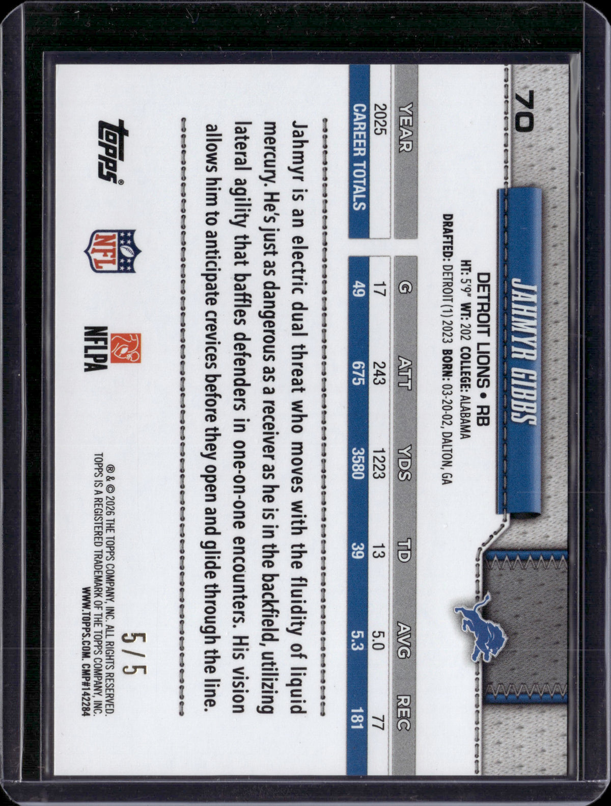 2026 Topps Football Jahmyr Gibbs #70 Red Foil /5
