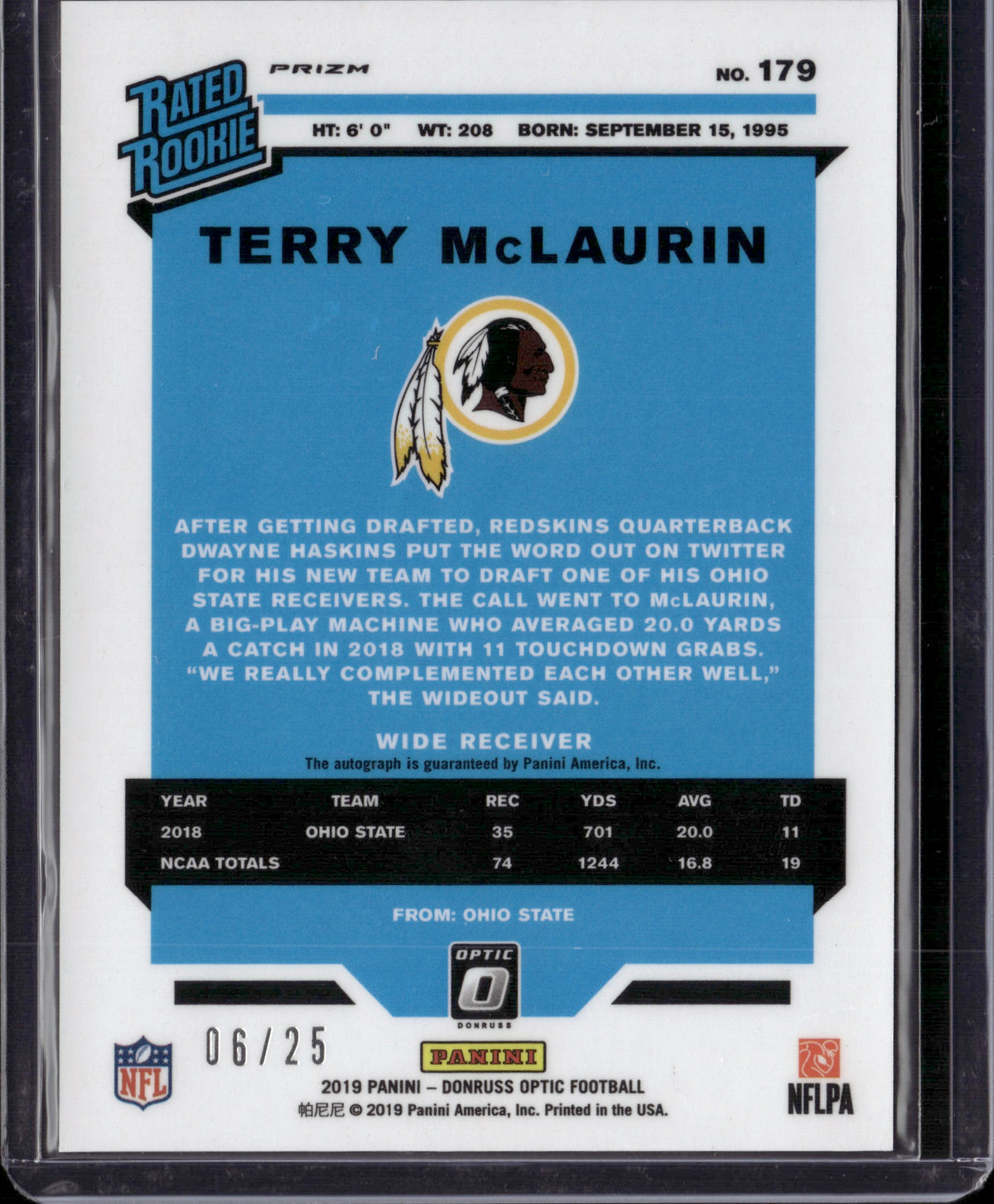 2019 Panini Donruss Optic Football Terry McLaurin #179 Blue Auto /25