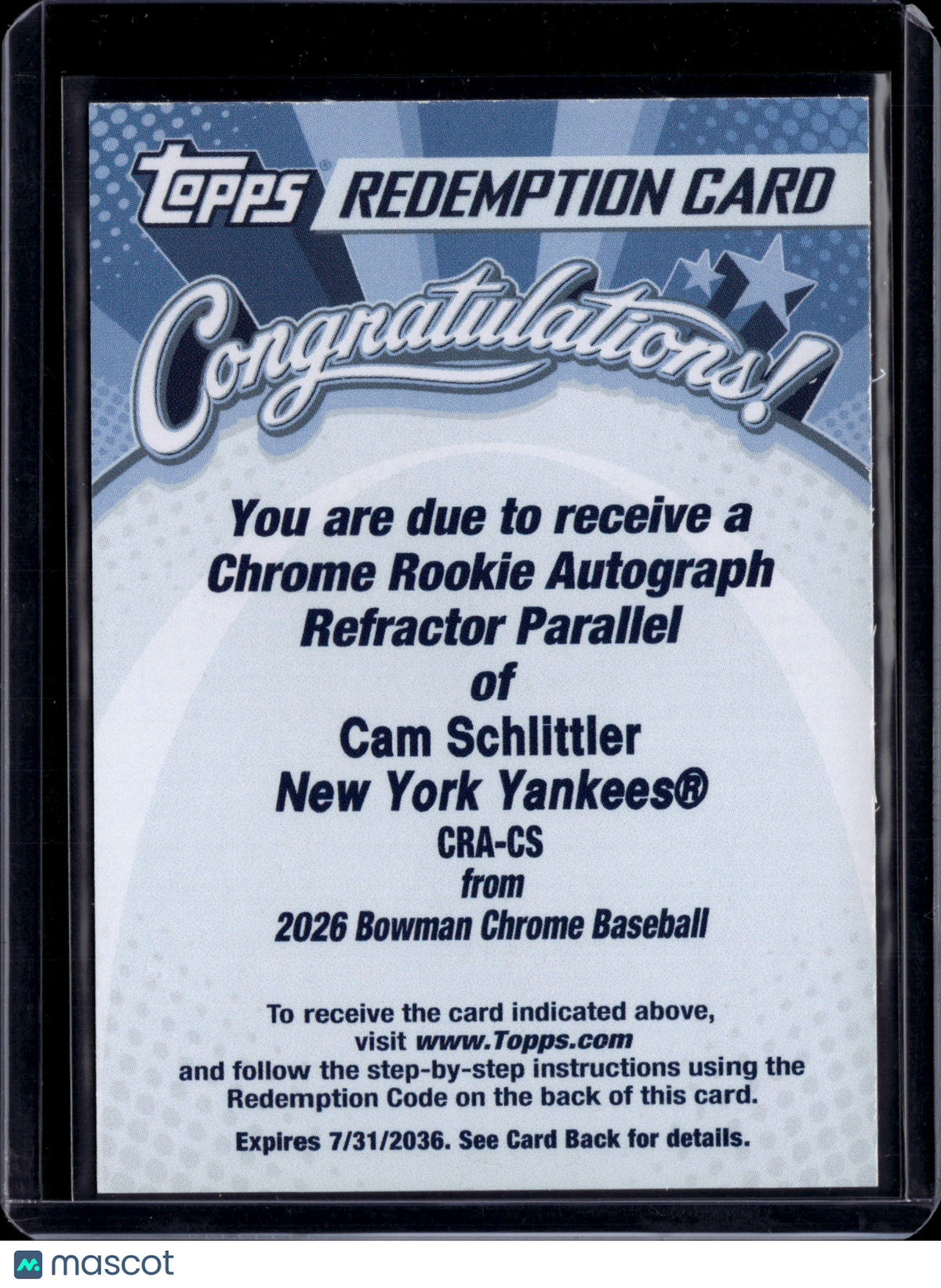 2026 Bowman Chrome Baseball Cam Schlittler Refractor Auto Redemption Card