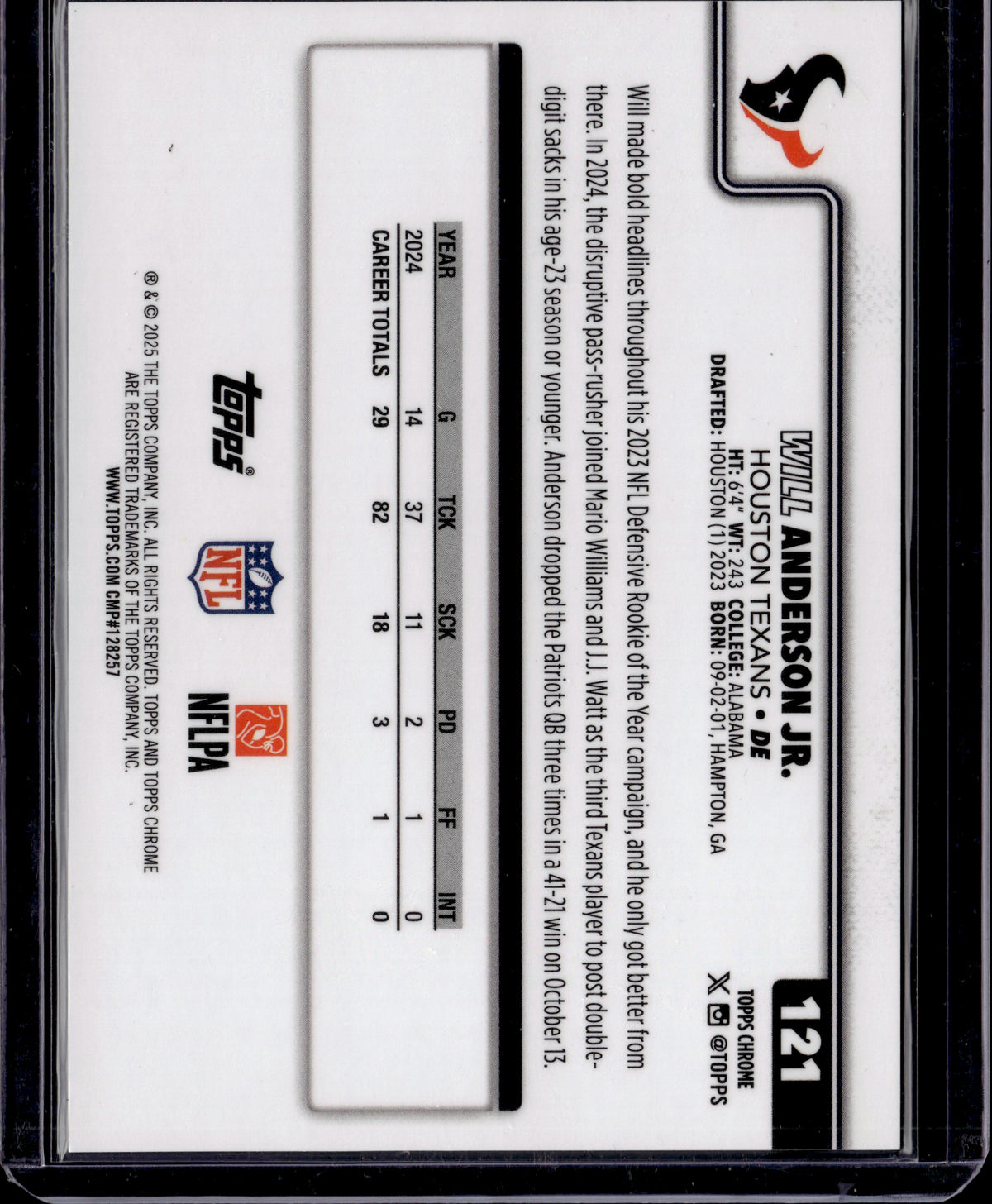 2025 Topps Chrome Will Anderson Jr. #121 White /30