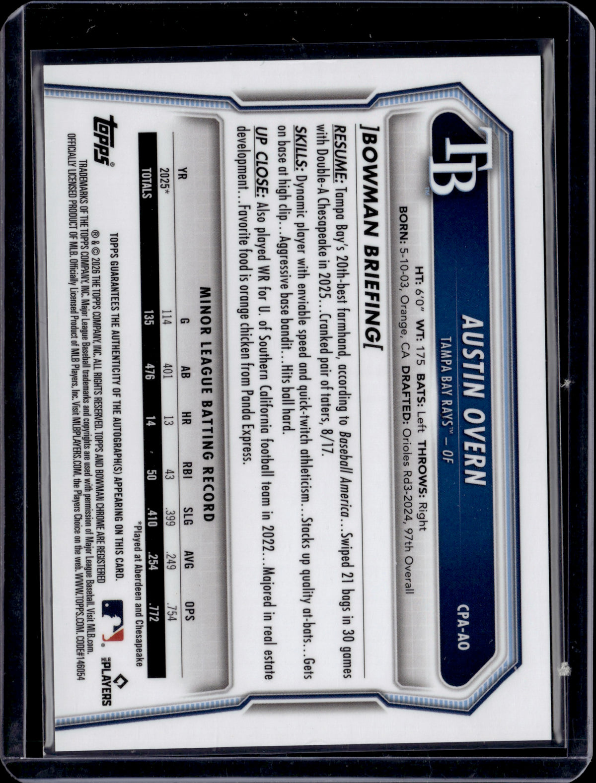 2025 Bowman Chrome Austin Overn #CPA-AO Auto /299