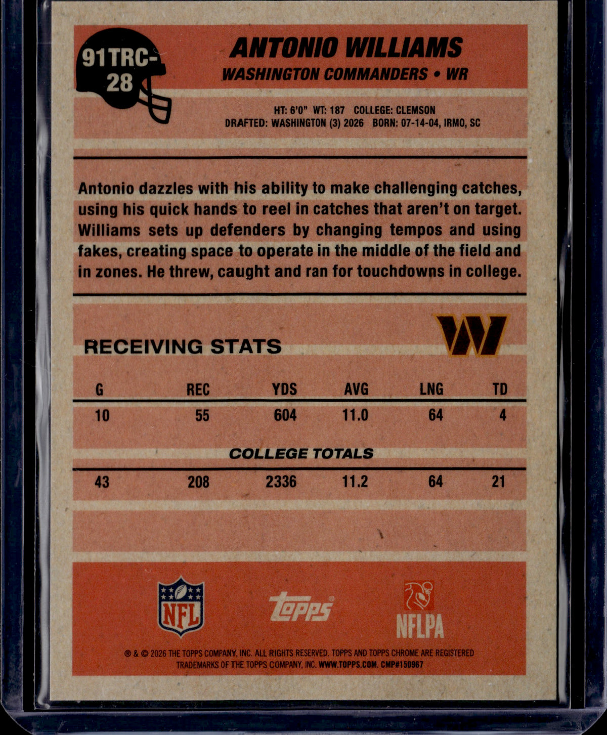 2026 Topps Antonio Williams #91TRC-28 Silver Pack Black Mojo /10 RC