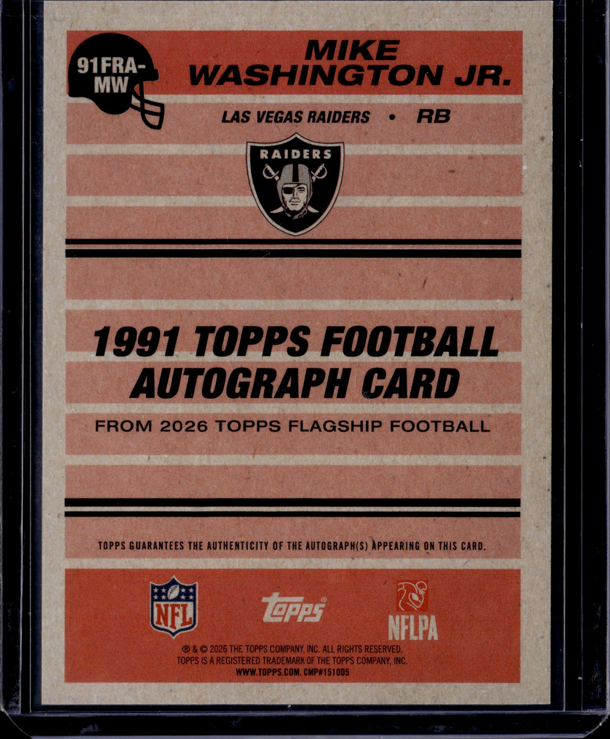 2026 Topps Flagship Football Mike Washington Jr. #91FRA-MW Blue Auto /150 RC