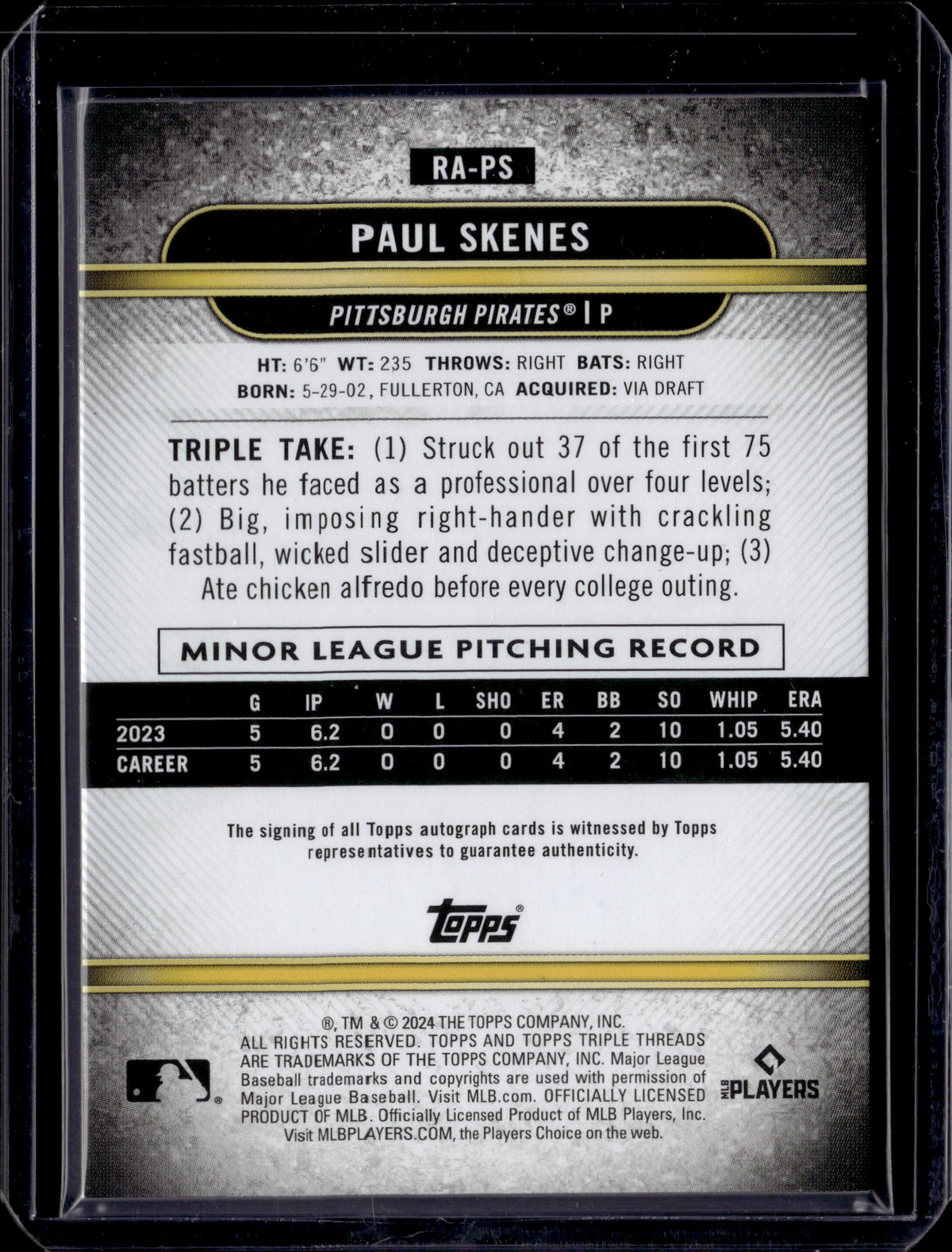 2024 Topps Triple Threads Paul Skenes #RA-PS Purple Auto /75 RC