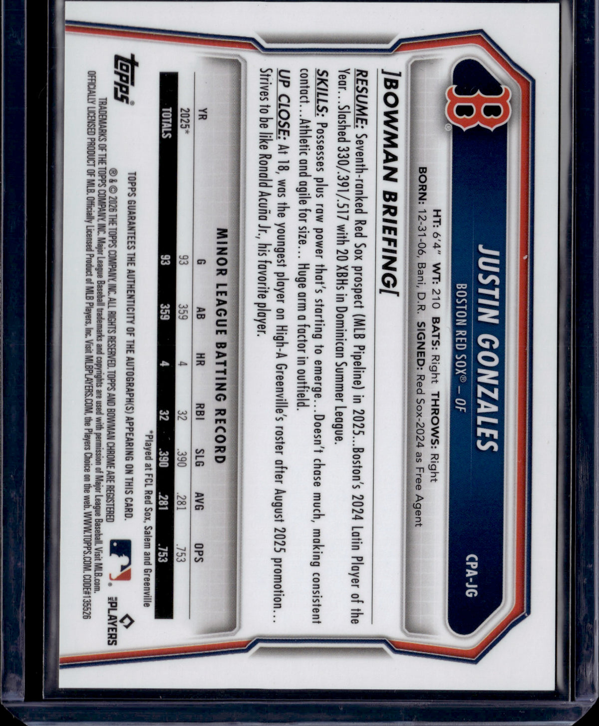 2026 Bowman Chrome Justin Gonzales Auto #CPA-JG