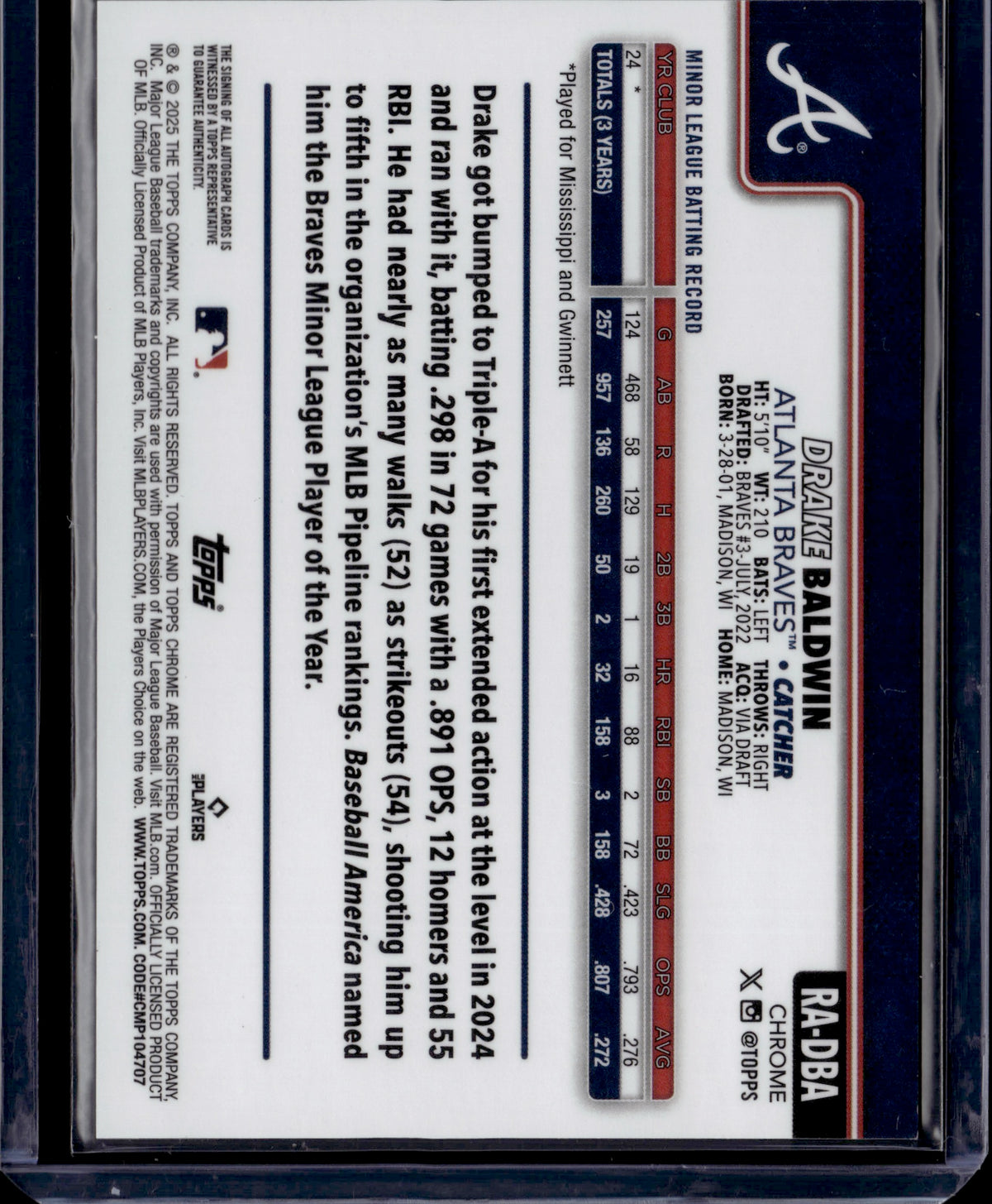 2025 Topps Chrome Drake Baldwin Auto #RA-DBA RC