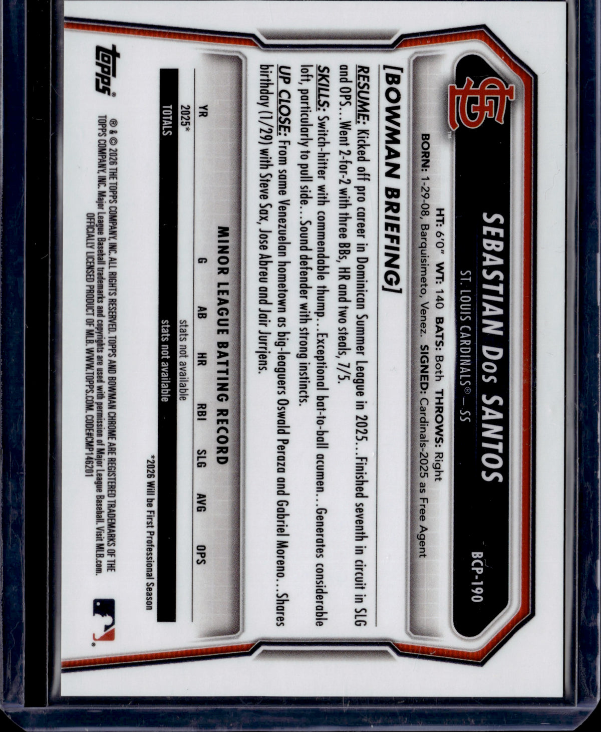 2026 Bowman Chrome Sebastian Dos Santos #BCP-190 Green Packfractor /89
