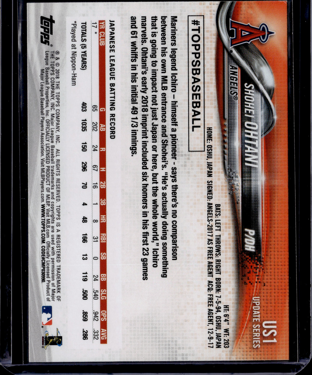 2018 Topps Update Series Shohei Ohtani #US1 RC
