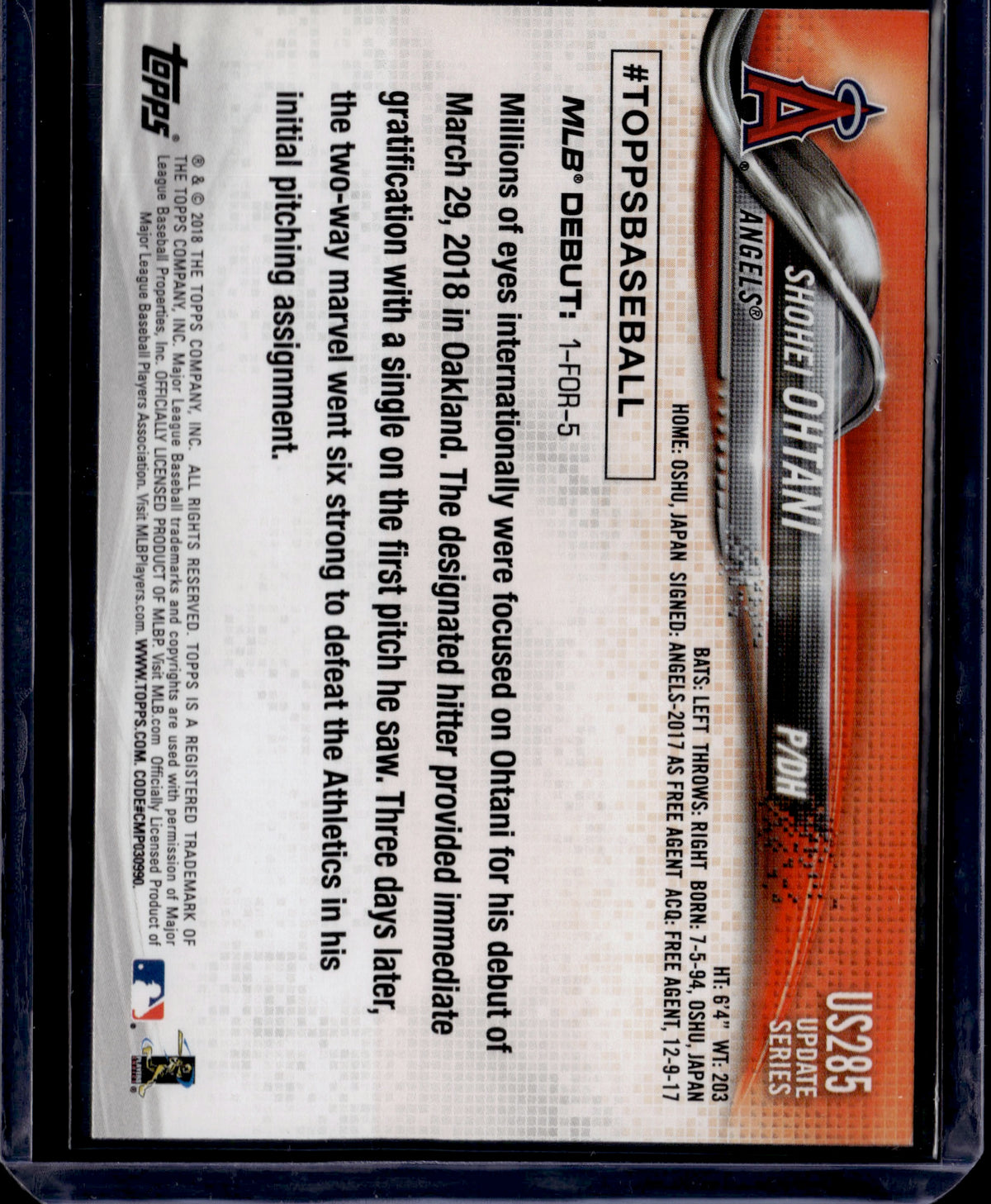 2018 Topps Update Series Shohei Ohtani #US285 RC