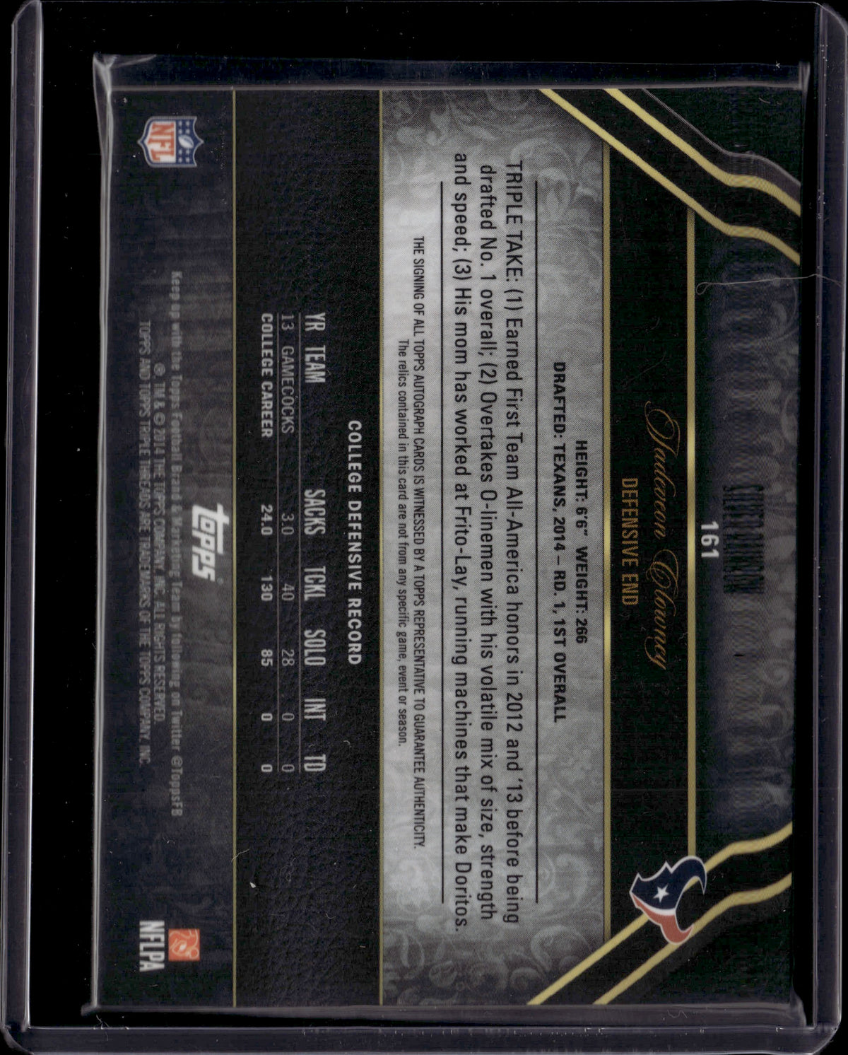 2014 Topps Triple Threads Jadeveon Clowney #161 Autograph Triple Relic Auto 1/1
