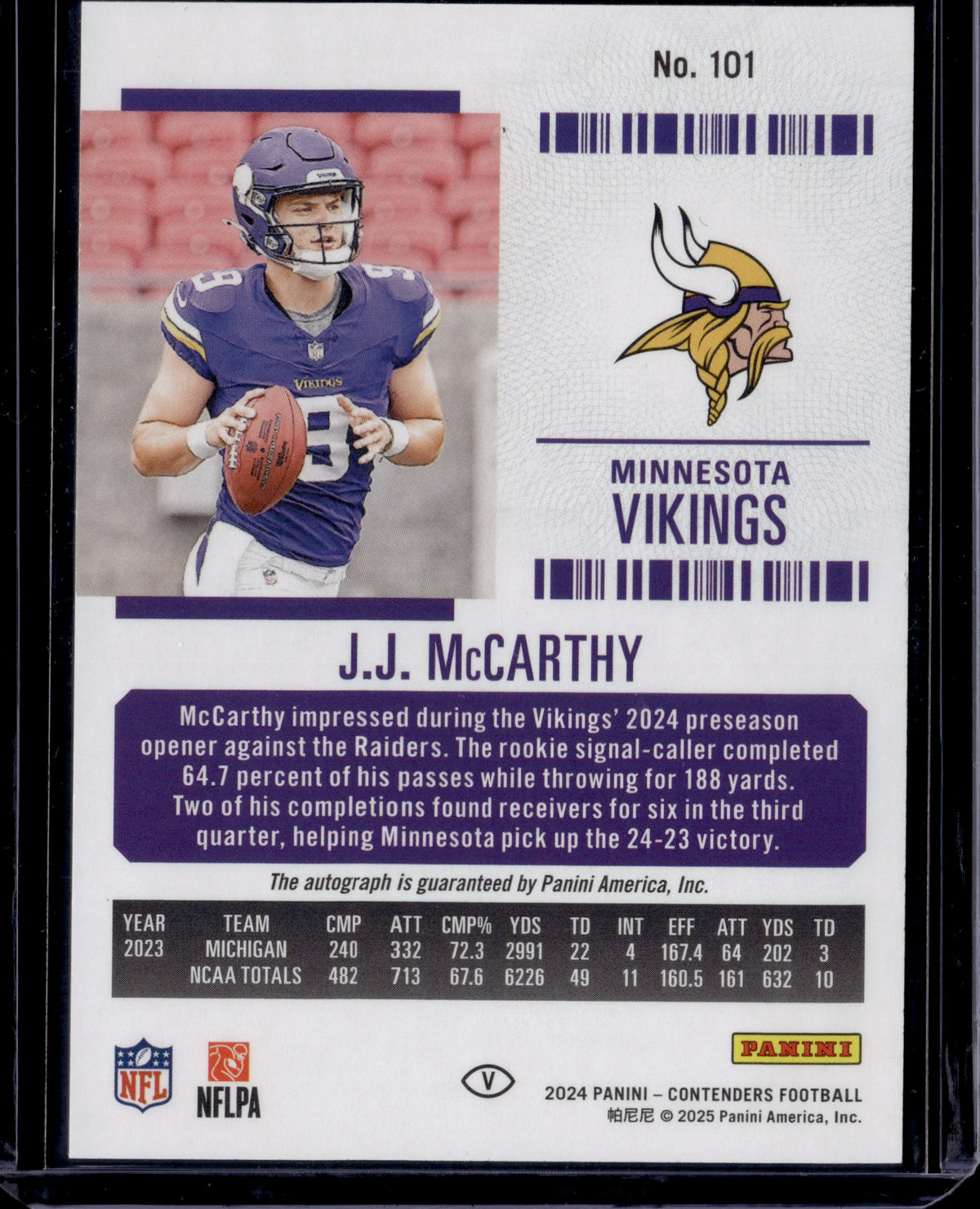 2025 Panini Contenders J.J. McCarthy #101 Rookie Ticket Variation Auto RC