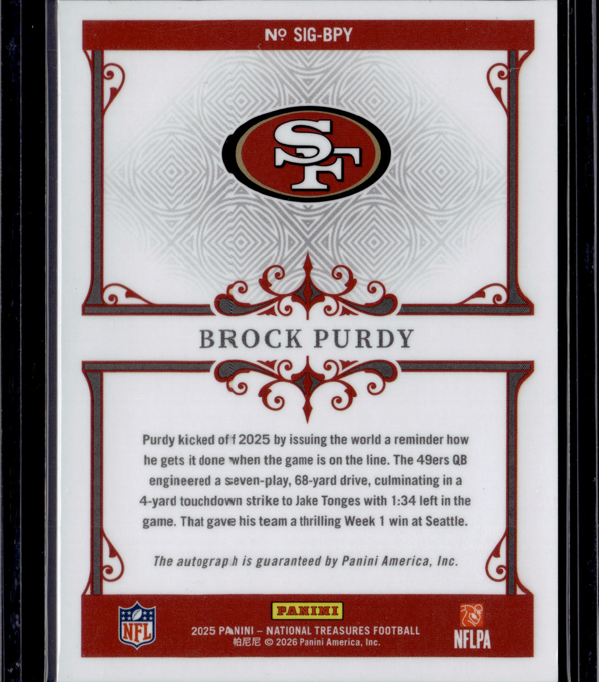 2026 Panini National Treasures Signatures Brock Purdy #SIG-BPY Auto /99
