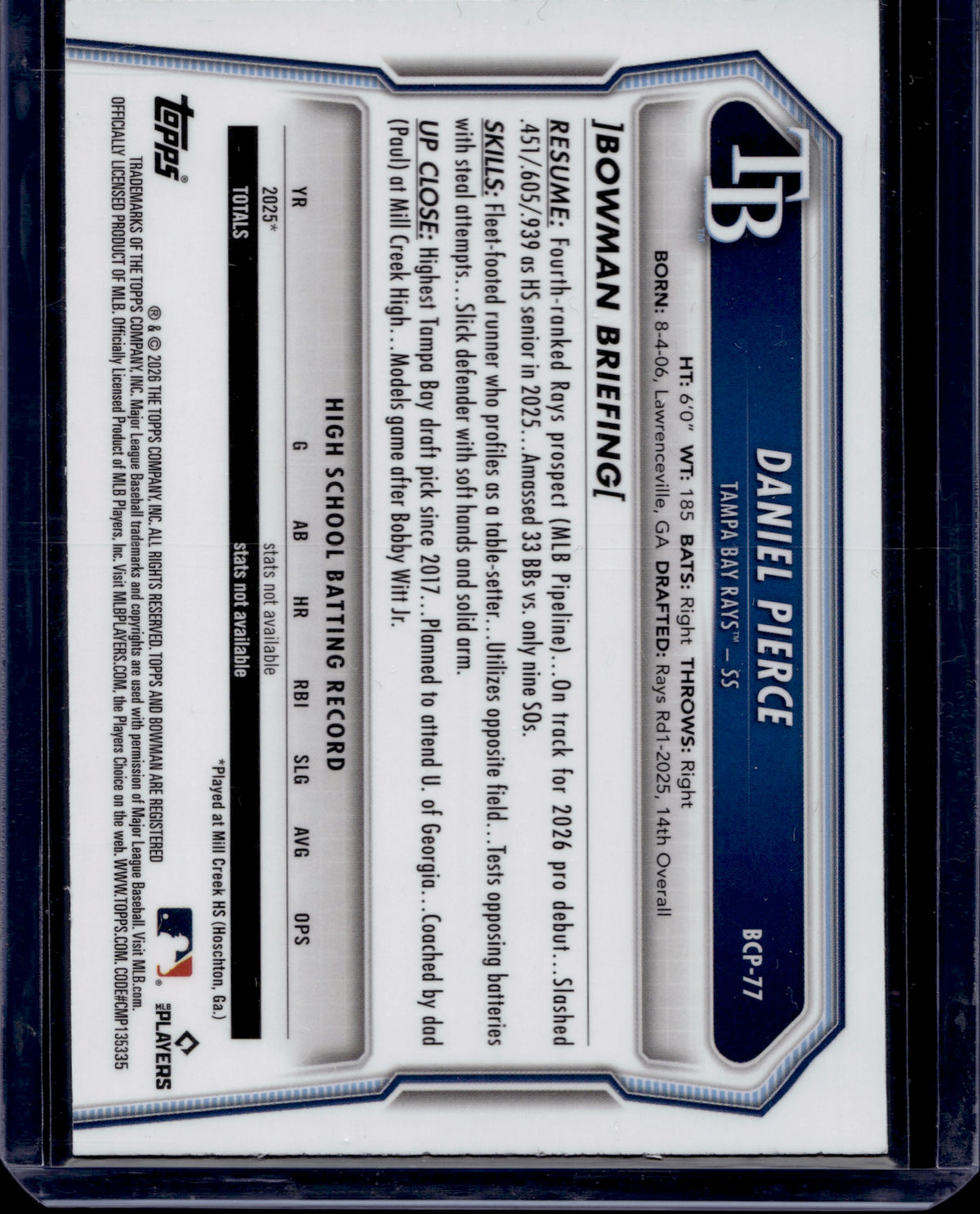 2026 Bowman Chrome Daniel Pierce #BCP-77 /89 Bowmanfractor