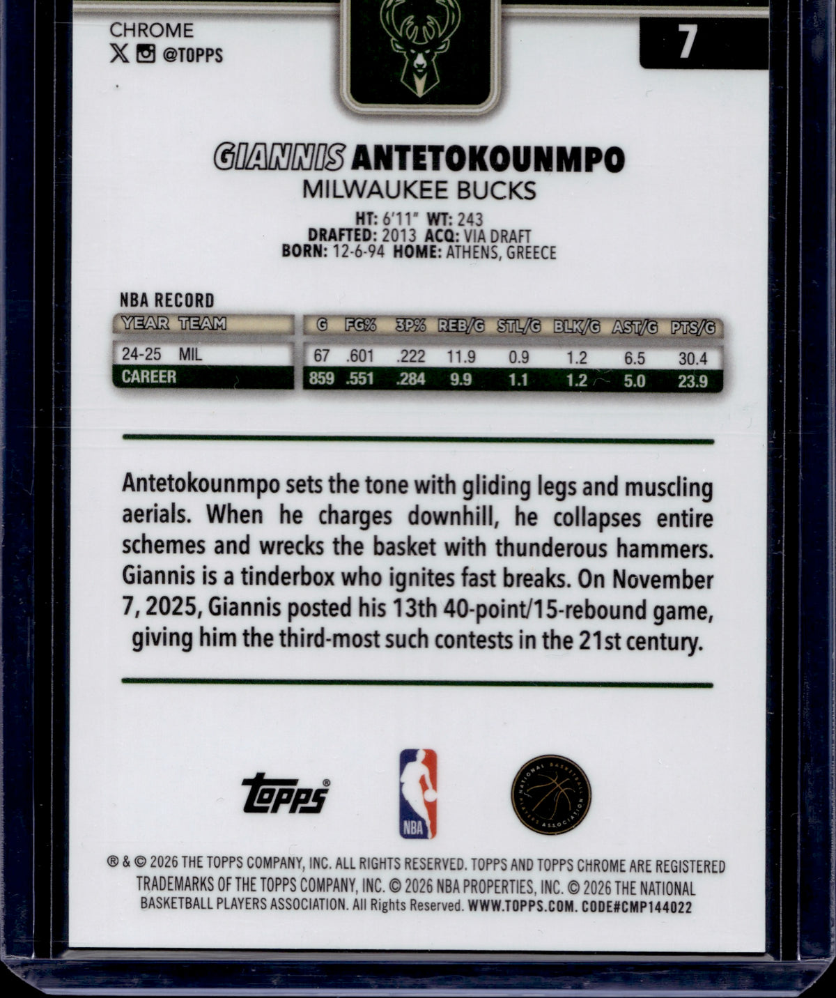 2026 Topps Chrome Giannis Antetokounmpo #7 Green Variation /99