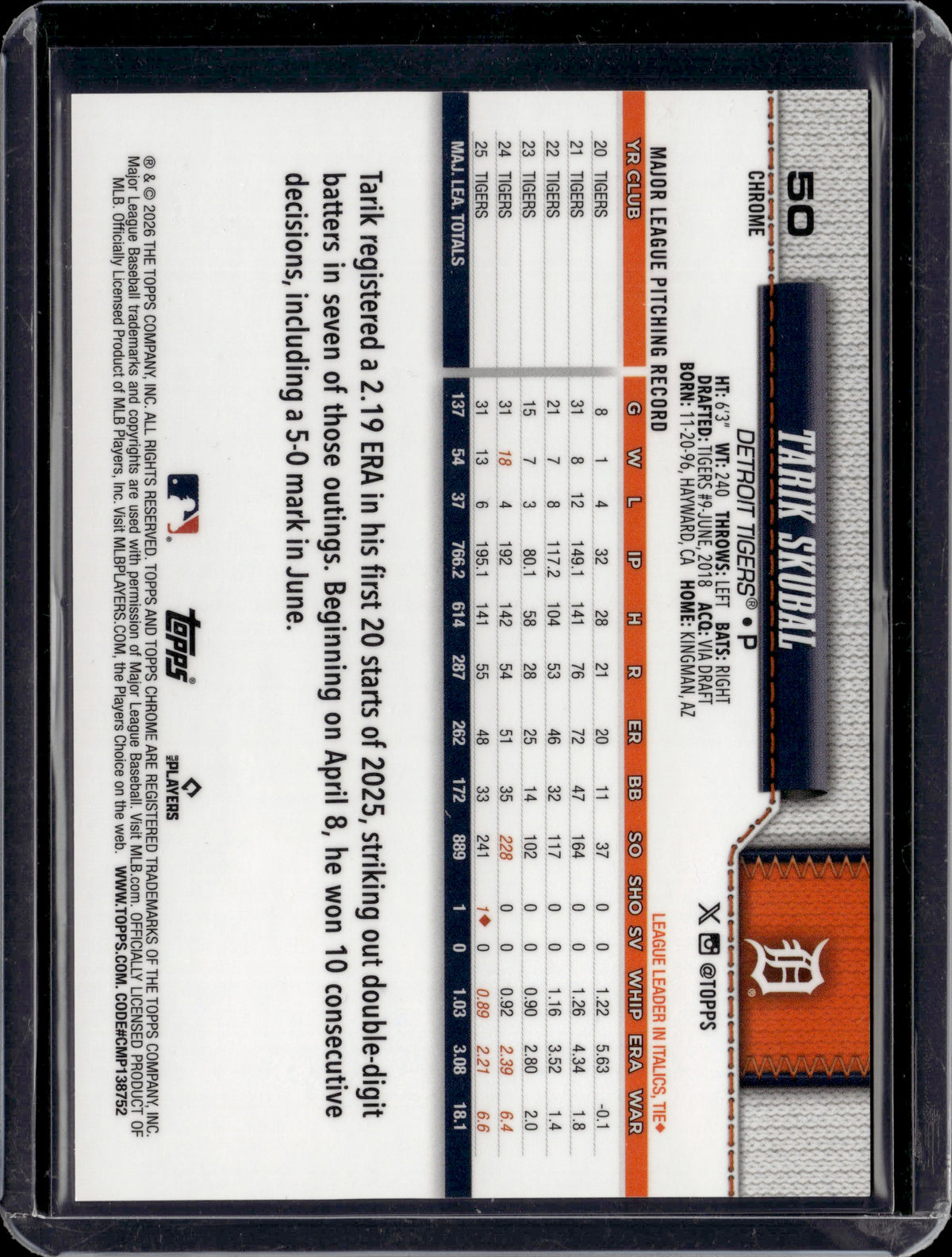 2026 Topps Chrome Tarik Skubal #50 Logofractor Black /10