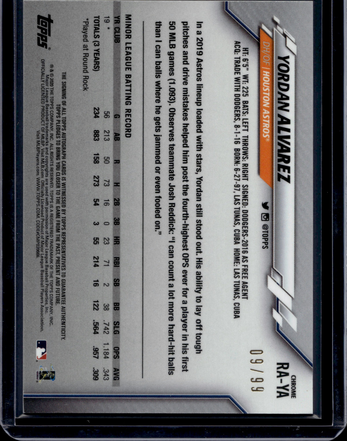 2020 Topps Chrome Yordan Alvarez #RA-YA Green Auto /99 RC