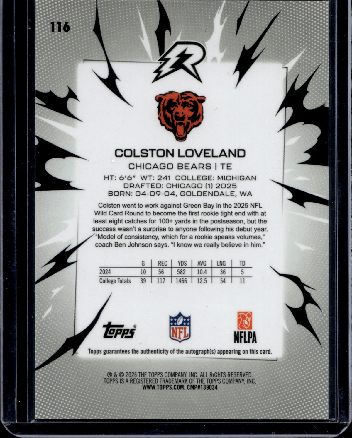 2026 Topps Rip Colston Loveland #116 RC Auto