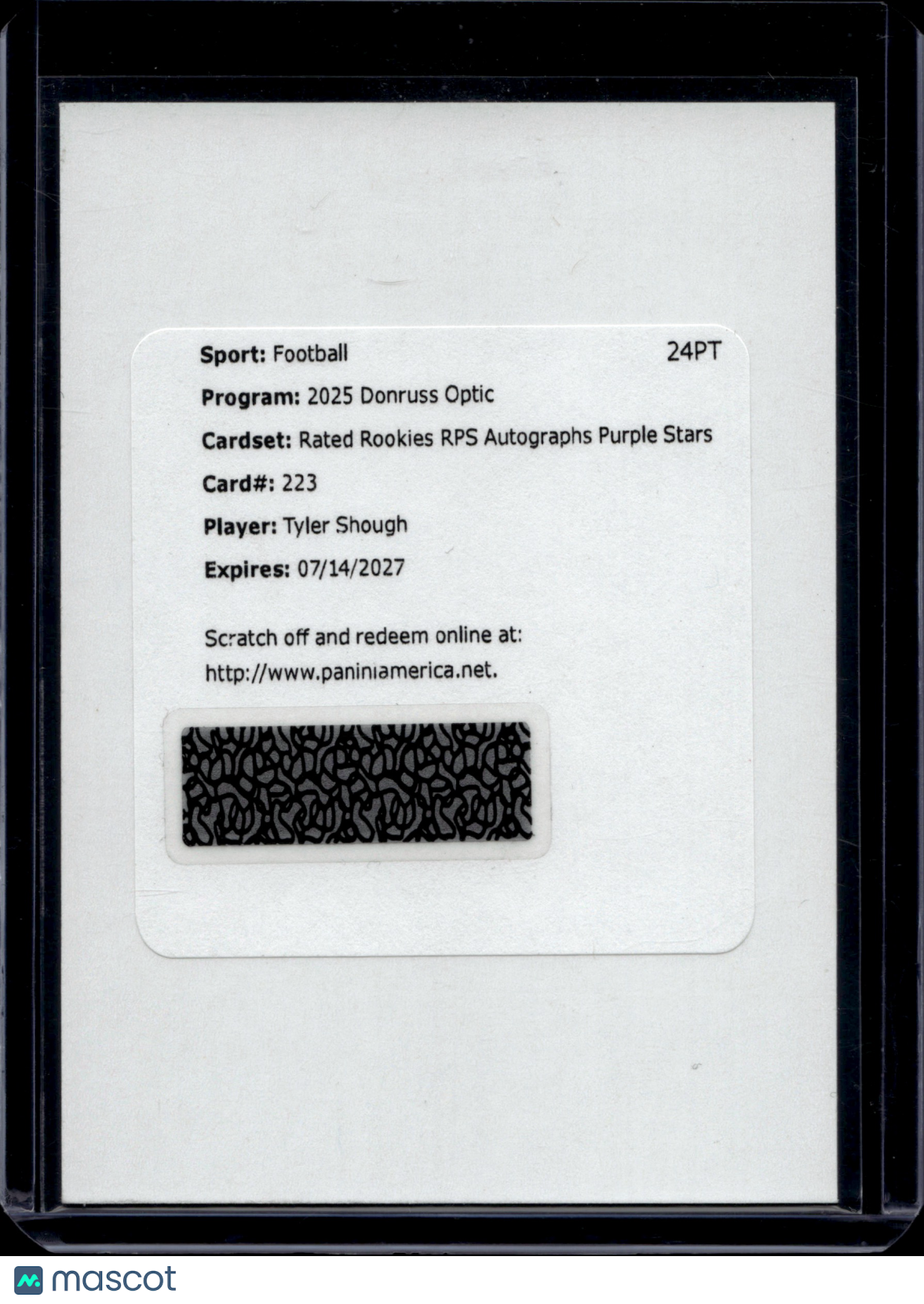 2025 Panini Donruss Optic Tyler Shough #223 Purple Stars Auto Redemption