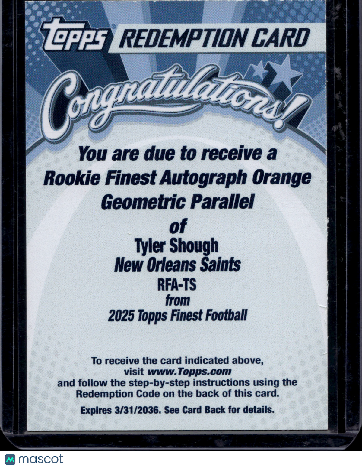2025 Topps Finest Football Tyler Shough #RFA-TS Orange Geometric Auto /25