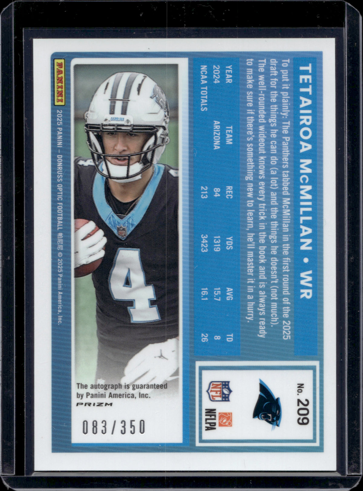 2025 Panini Donruss Optic Tetairoa McMillan #209 Auto /350