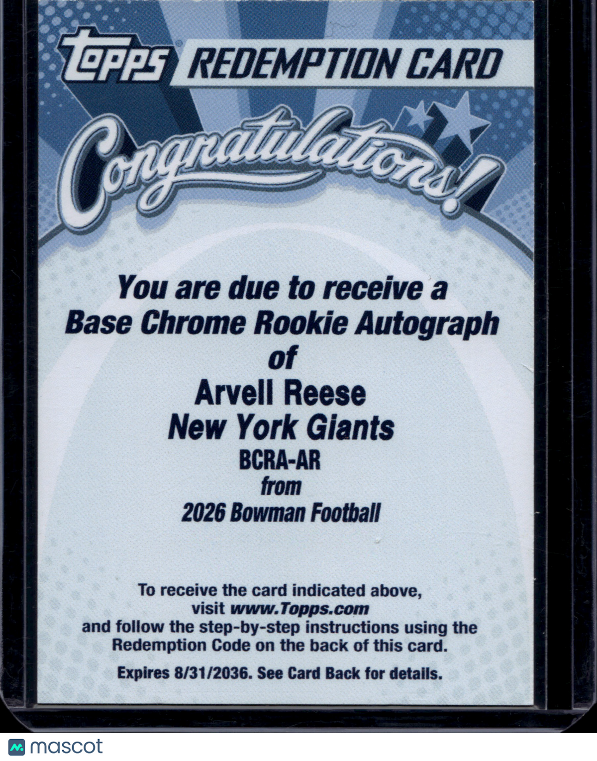 2026 Bowman Football Arvell Reese Redemption Auto #BCRA-AR