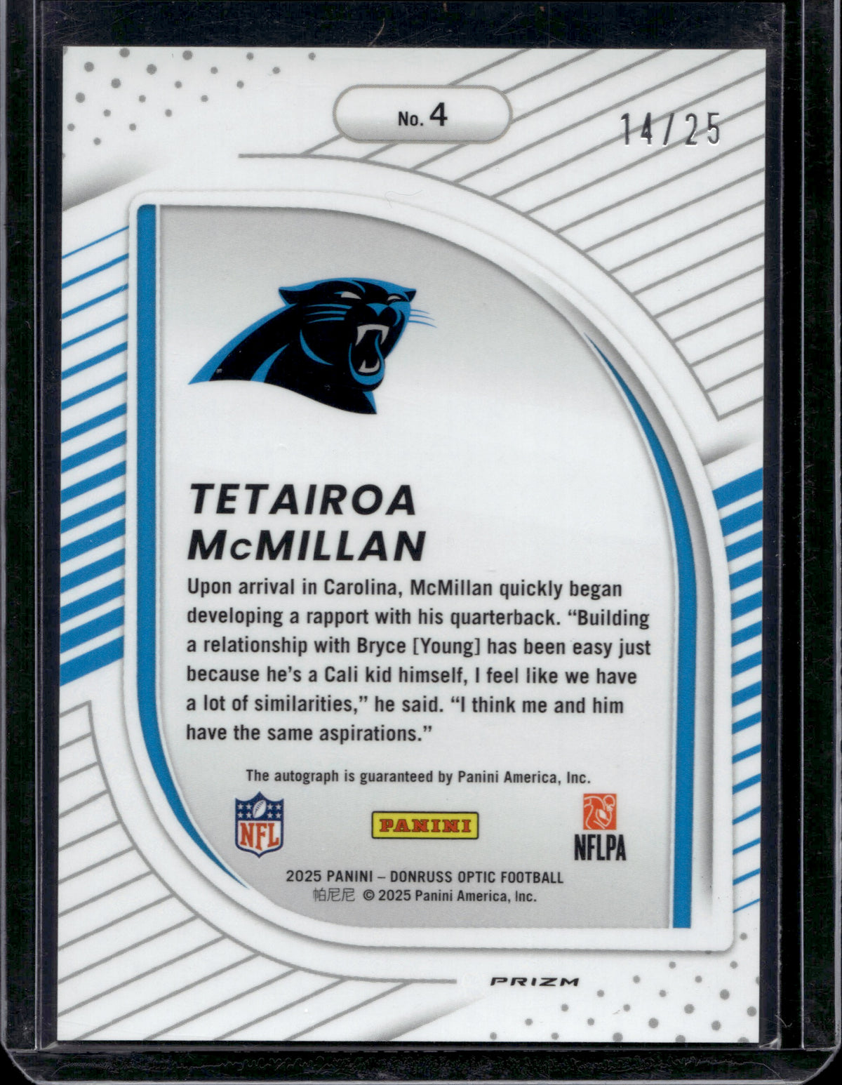 2025 Panini Donruss Optic Tetairoa McMillan #4 RC Auto /25
