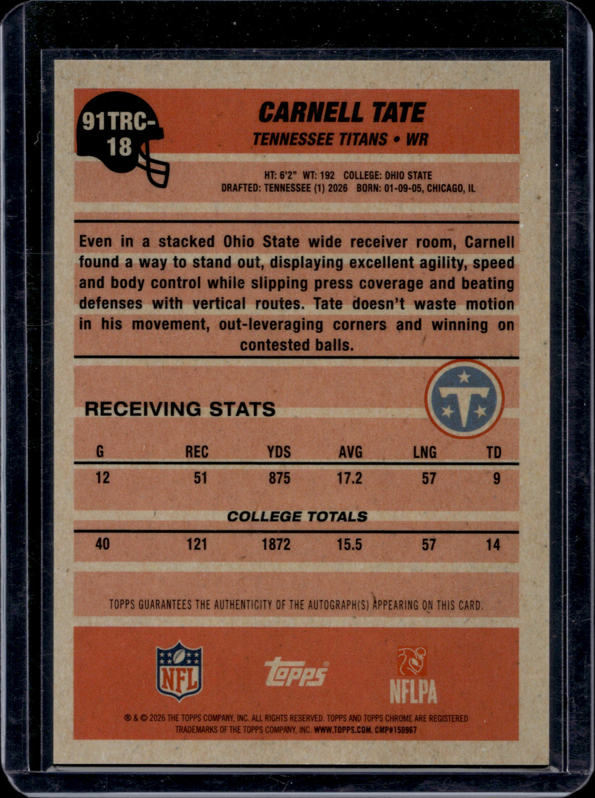 2026 Topps Chrome Carnell Tate #91TRC-18 Gold Auto /50 RC