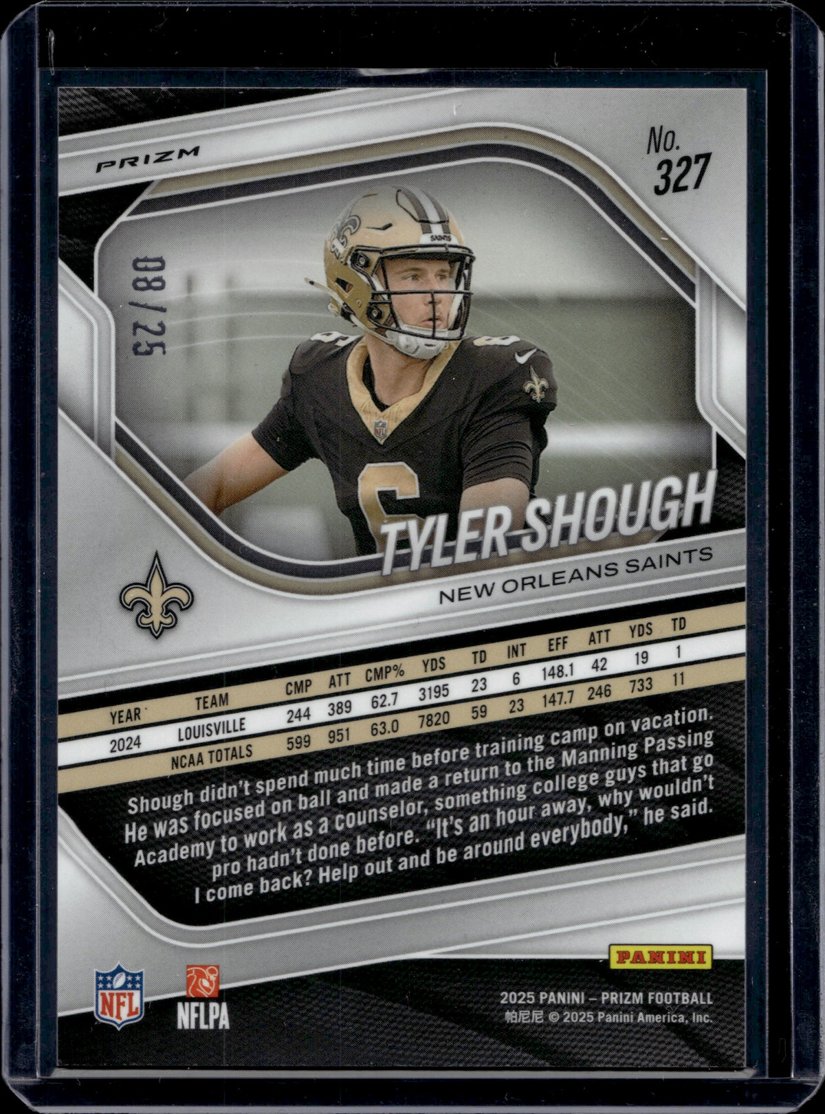 2025 Panini Prizm Football Tyler Shough #327 Navy Camo /25 RC